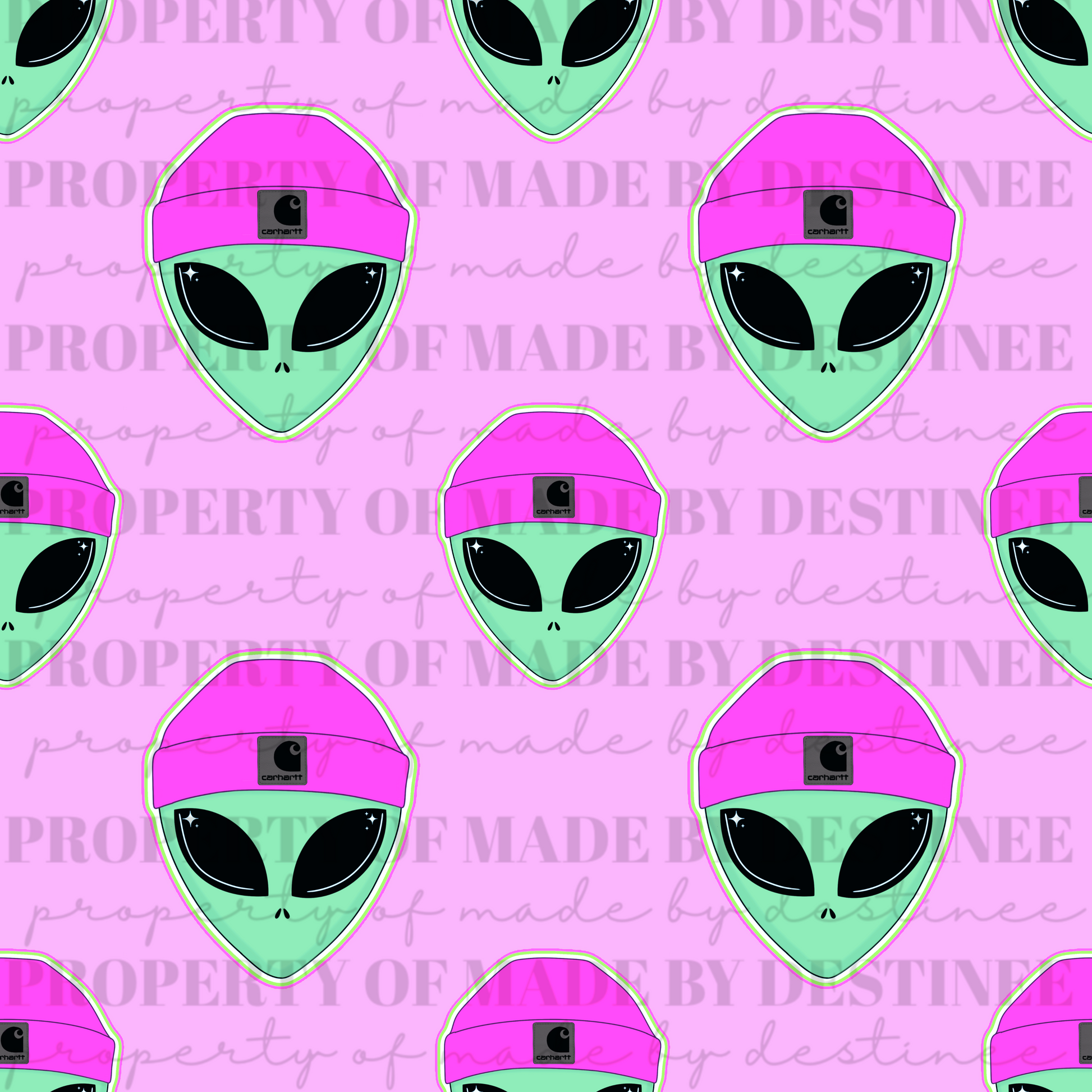 Alien Beanie Seamless Digital Design | Pastel Green Alien with Neon Pink Beanie on Pink Background PNG