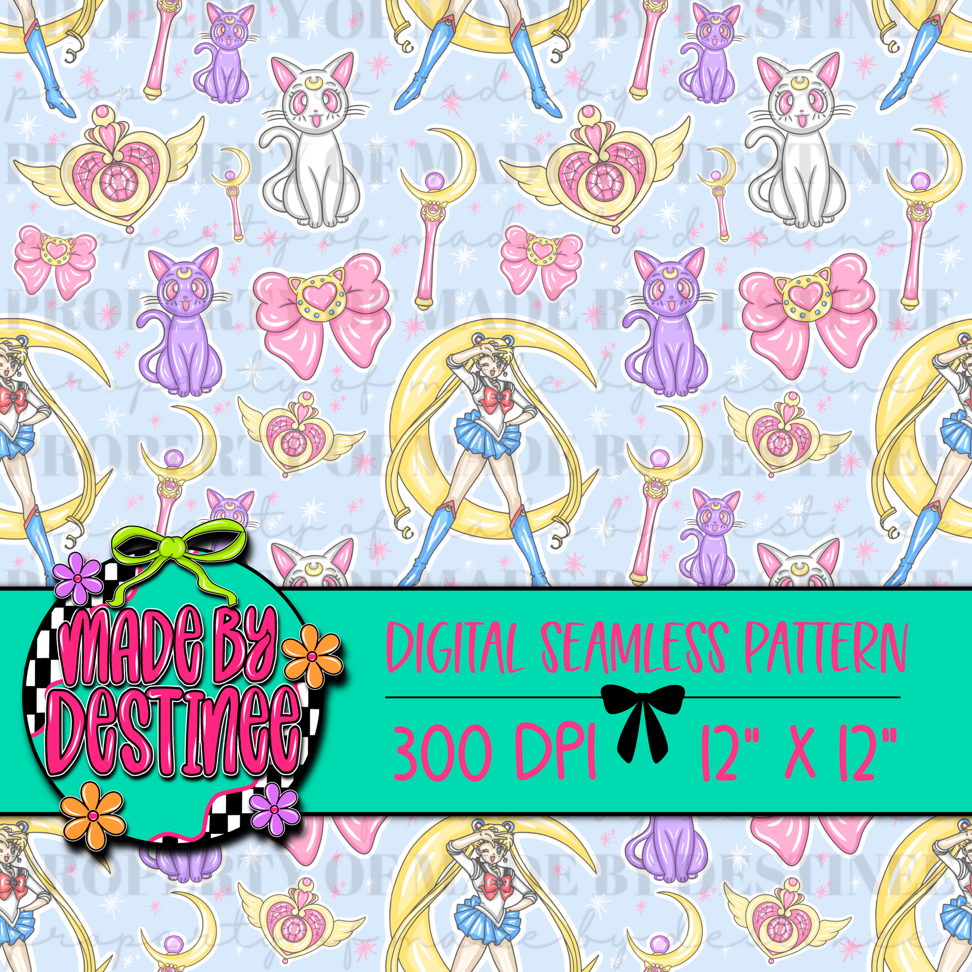 Magical Girl Seamless Pattern | Cute Moon Cat Digital Paper | Anime Bow & Wand Sublimation Background