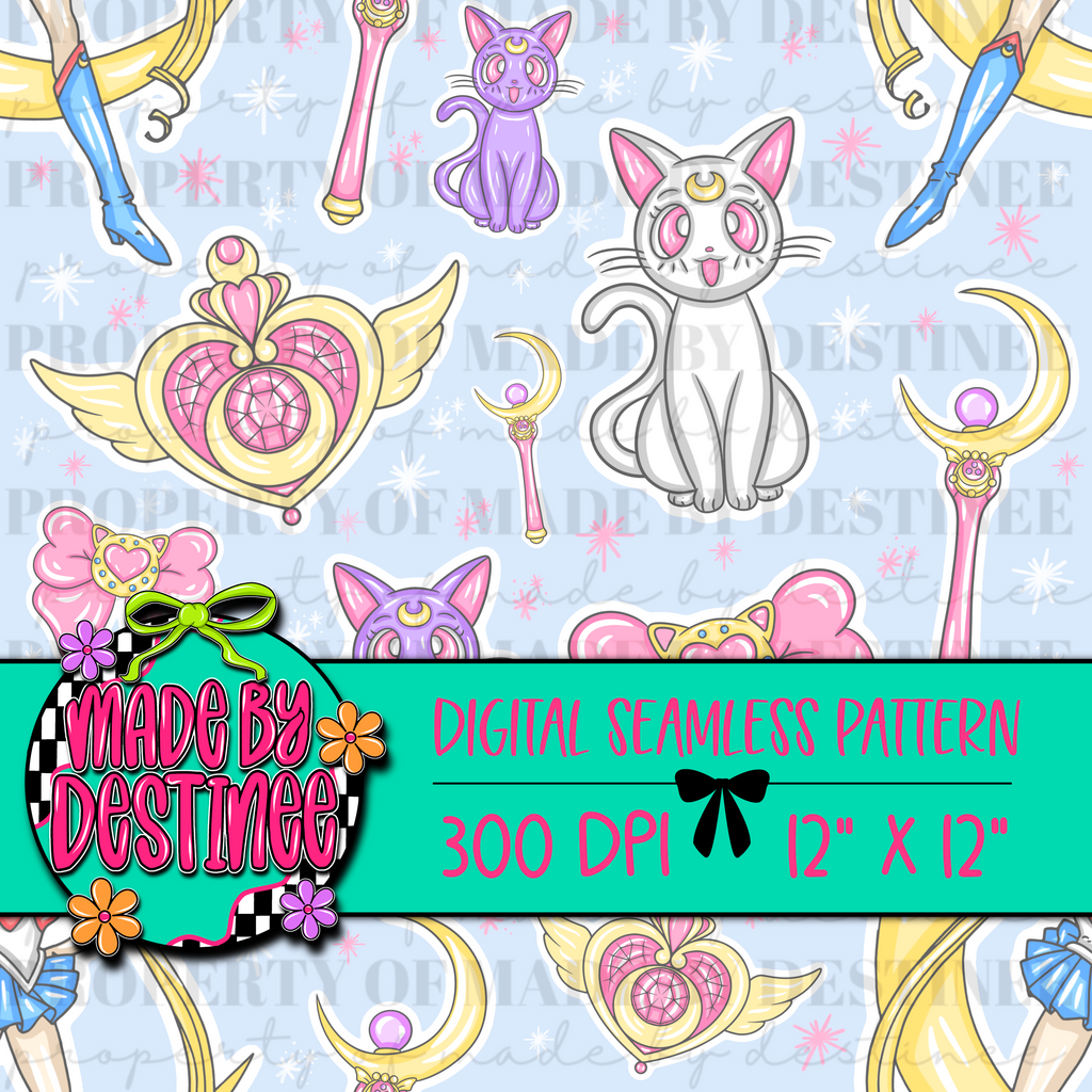 Magical Girl Seamless Pattern | Cute Moon Cat Digital Paper | Anime Bow & Wand Sublimation Background