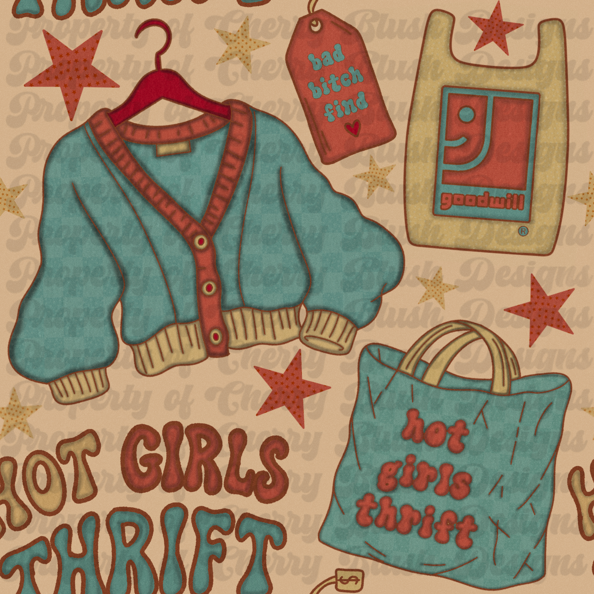 Hot Girls Thrift Seamless PNG | Trendy Retro Thrifting Pattern | Inspired Digital Paper for Sublimation & Fabric