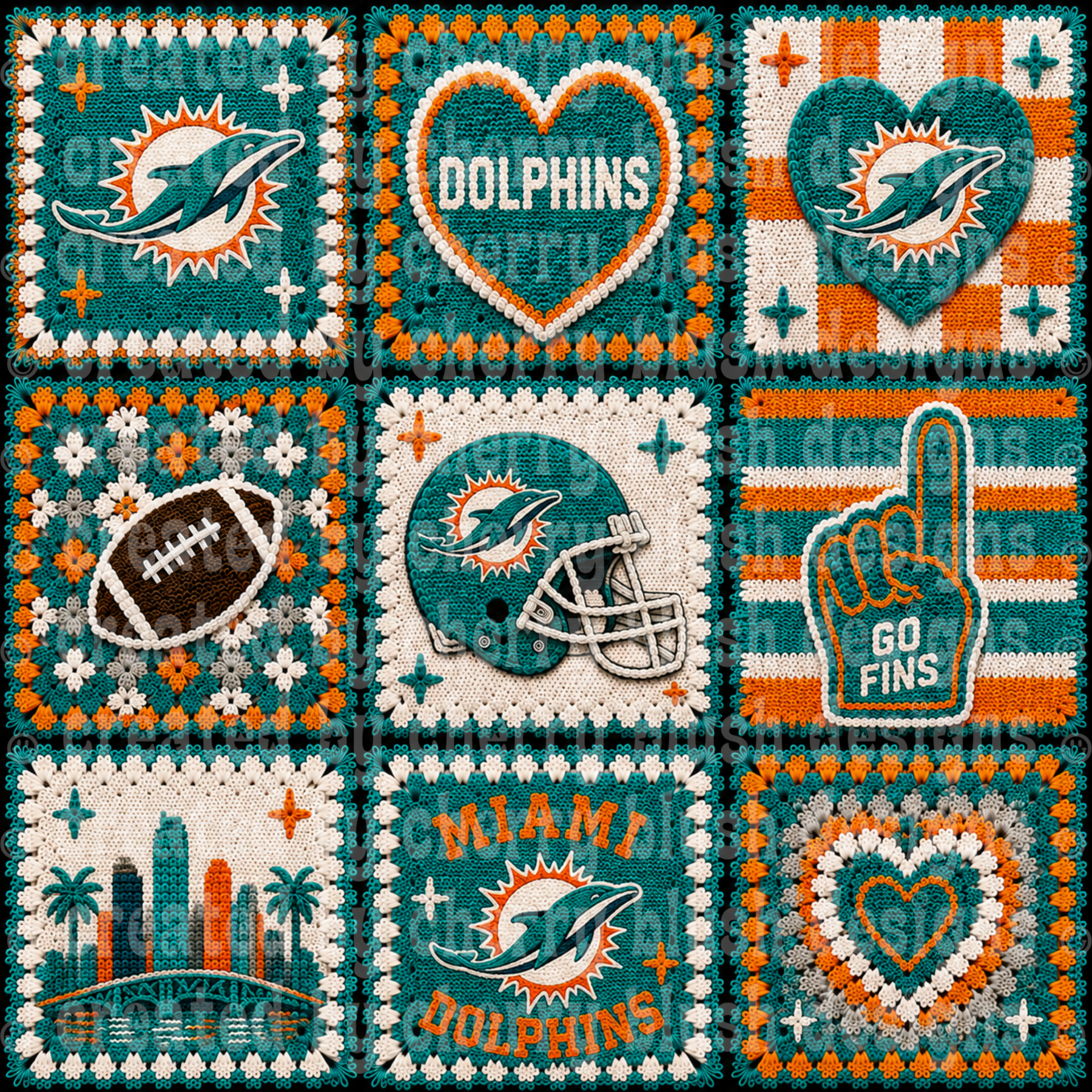 Dolphins Crochet Football Seamless Pattern | Game Day Seamless File | Football Team Inspired Background