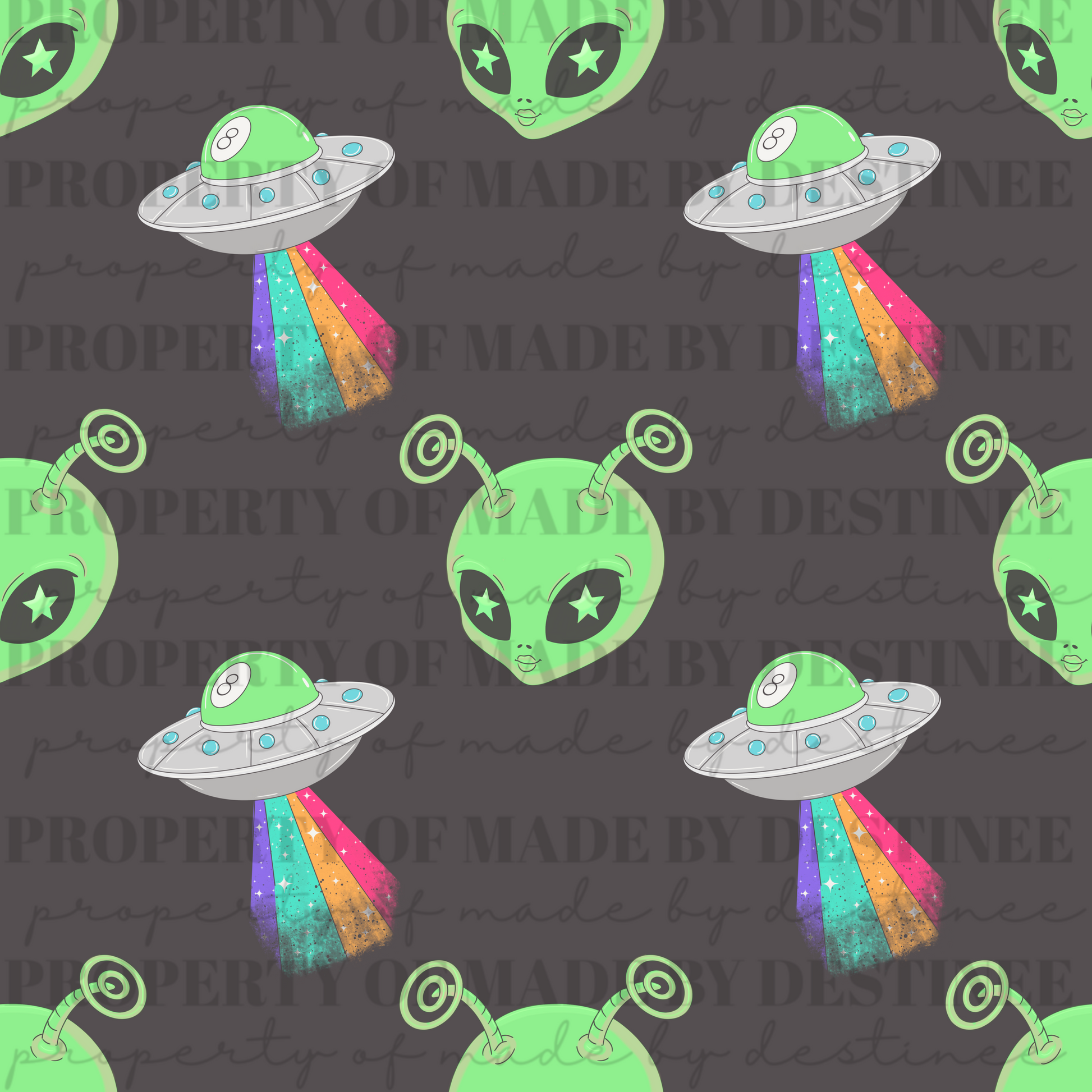 Star-Eyed Alien Seamless Digital Design | Neon Green Alien with Rainbow UFO Beams on Dark Grey Background PNG