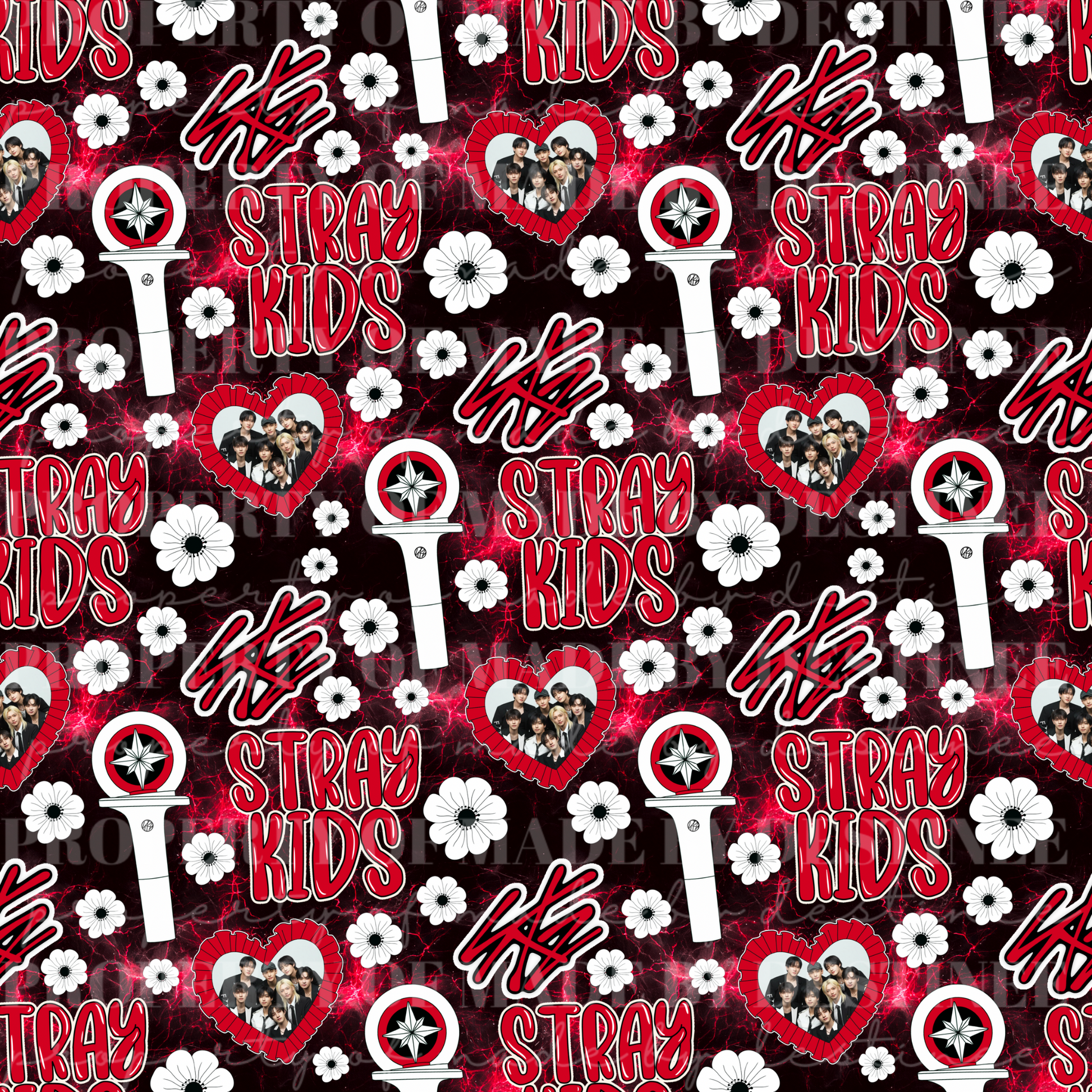 Stray Kids K-Pop Seamless Pattern | Red & Black Heart Lightstick Floral Background