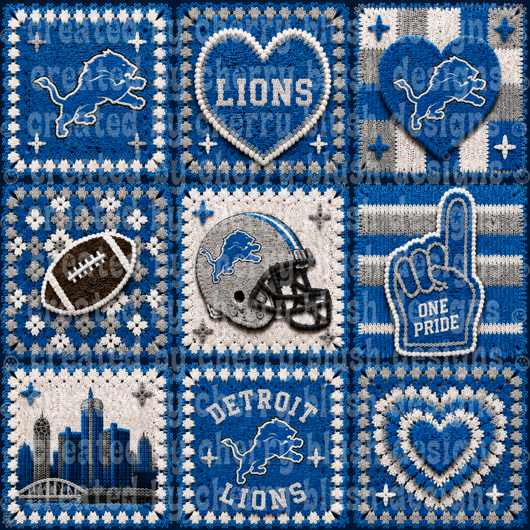 Lions (Light Blue) Crochet Football Seamless Pattern | Game Day Seamless File | Football Team Inspired Background
