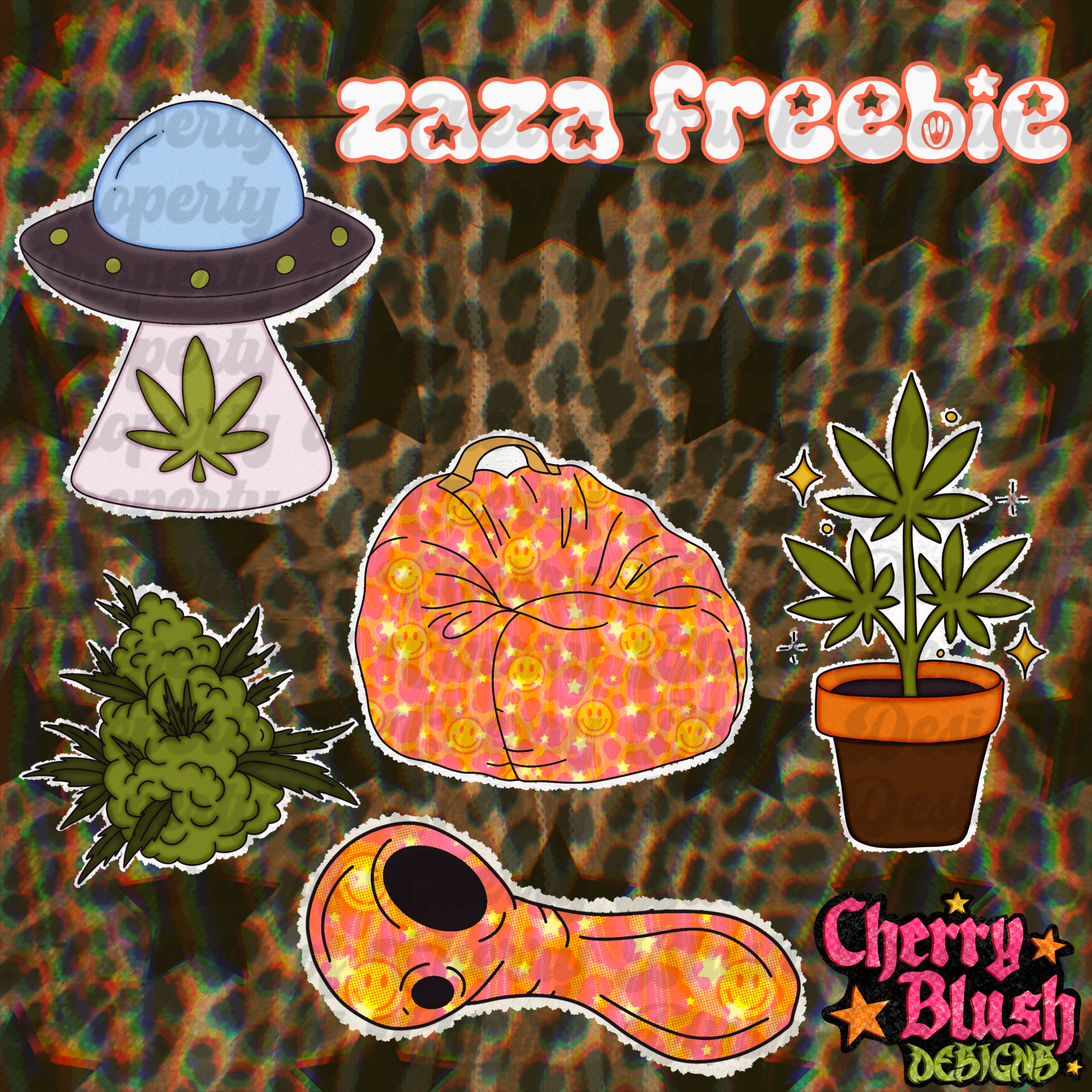 ZaZa Freebie Clip Art Pack | 5 Piece Retro Alien & Plant PNG Bundle | Commercial Use Digital Download