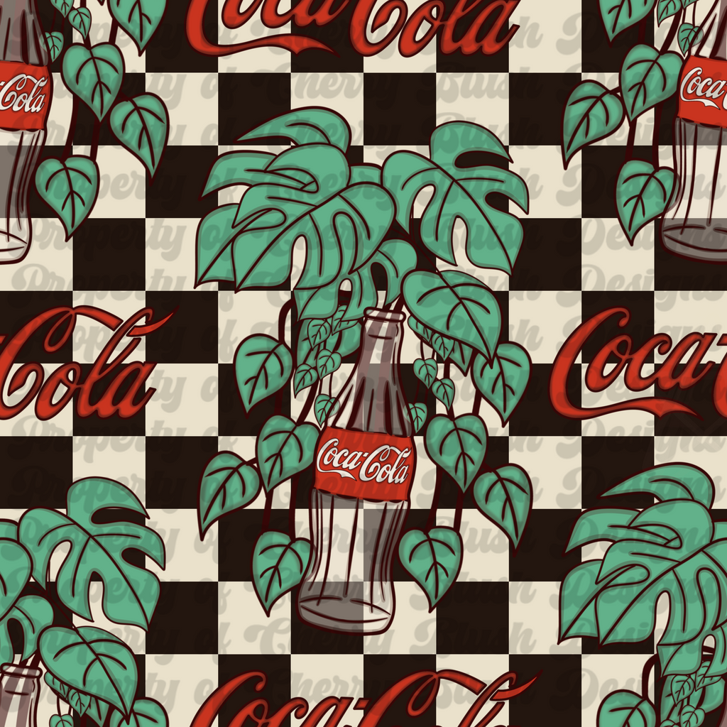 Vintage Cola Jungle Seamless Pattern PNG | Retro Checkerboard Tropical Leaves Digital Paper