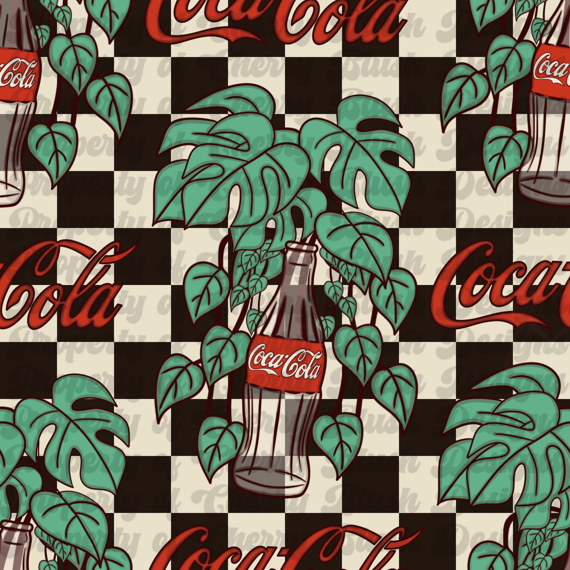 Vintage Cola Jungle Seamless Pattern PNG | Retro Checkerboard Tropical Leaves Digital Paper