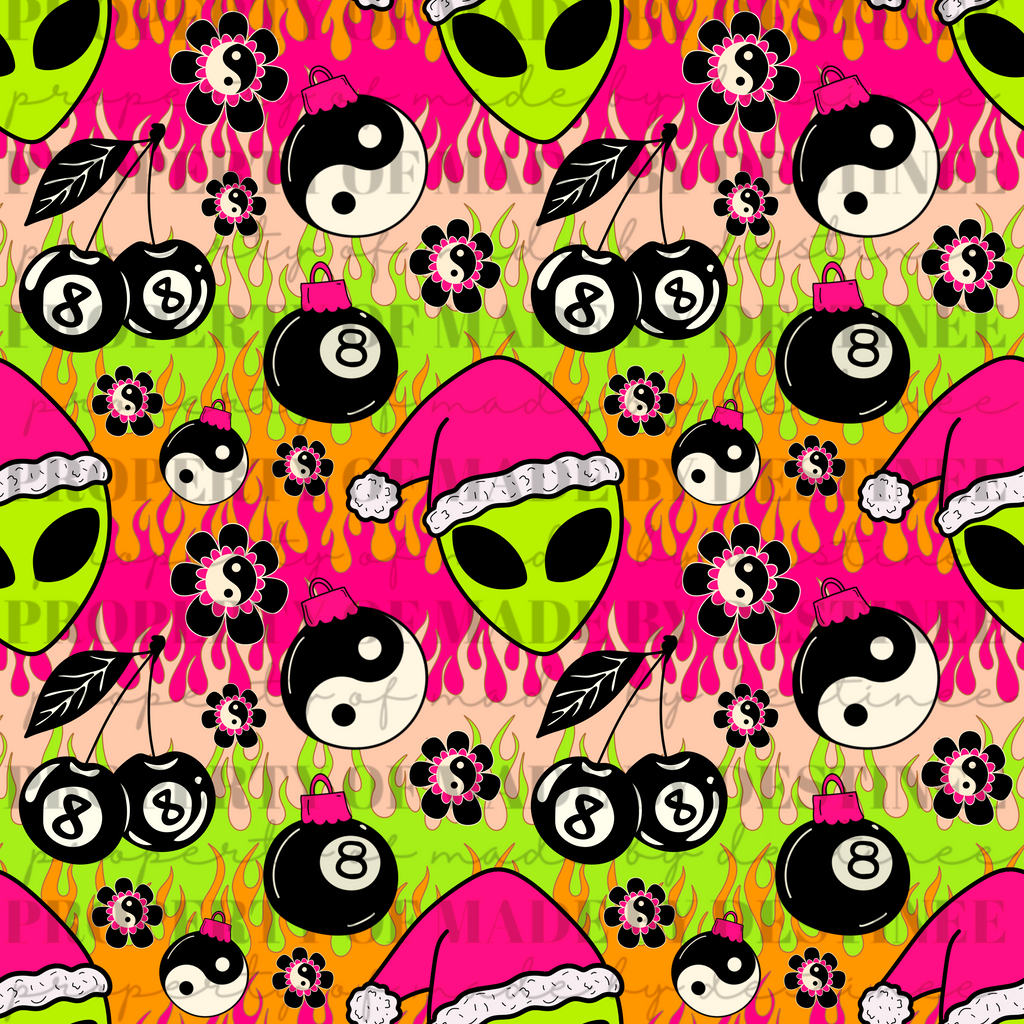 Neon Alien Christmas Seamless Pattern | Hot Pink Flames, Yin Yang, 8 Ball Ornaments & Cherries | Trippy Holiday Seamless Print