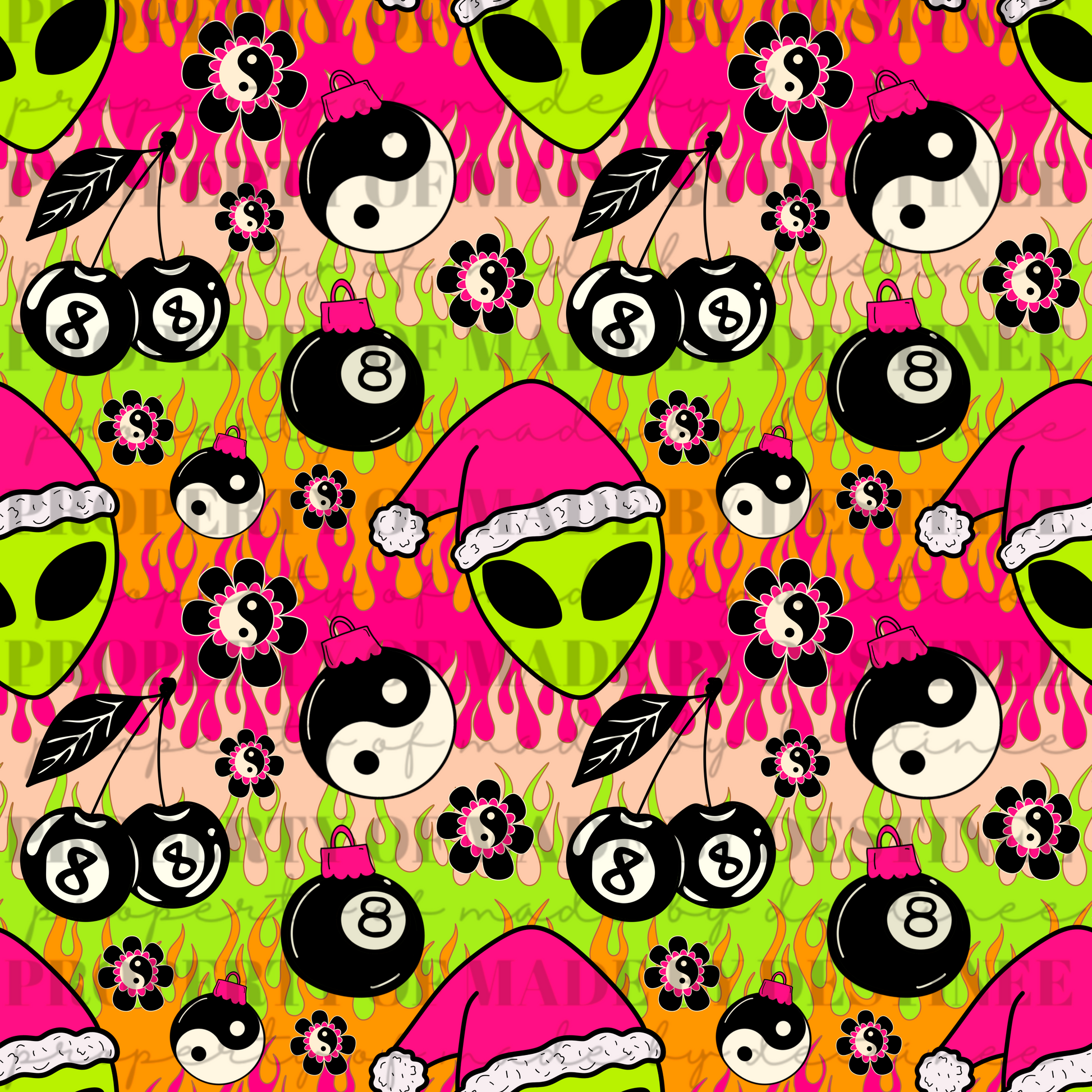 Neon Alien Christmas Seamless Pattern | Hot Pink Flames, Yin Yang, 8 Ball Ornaments & Cherries | Trippy Holiday Seamless Print