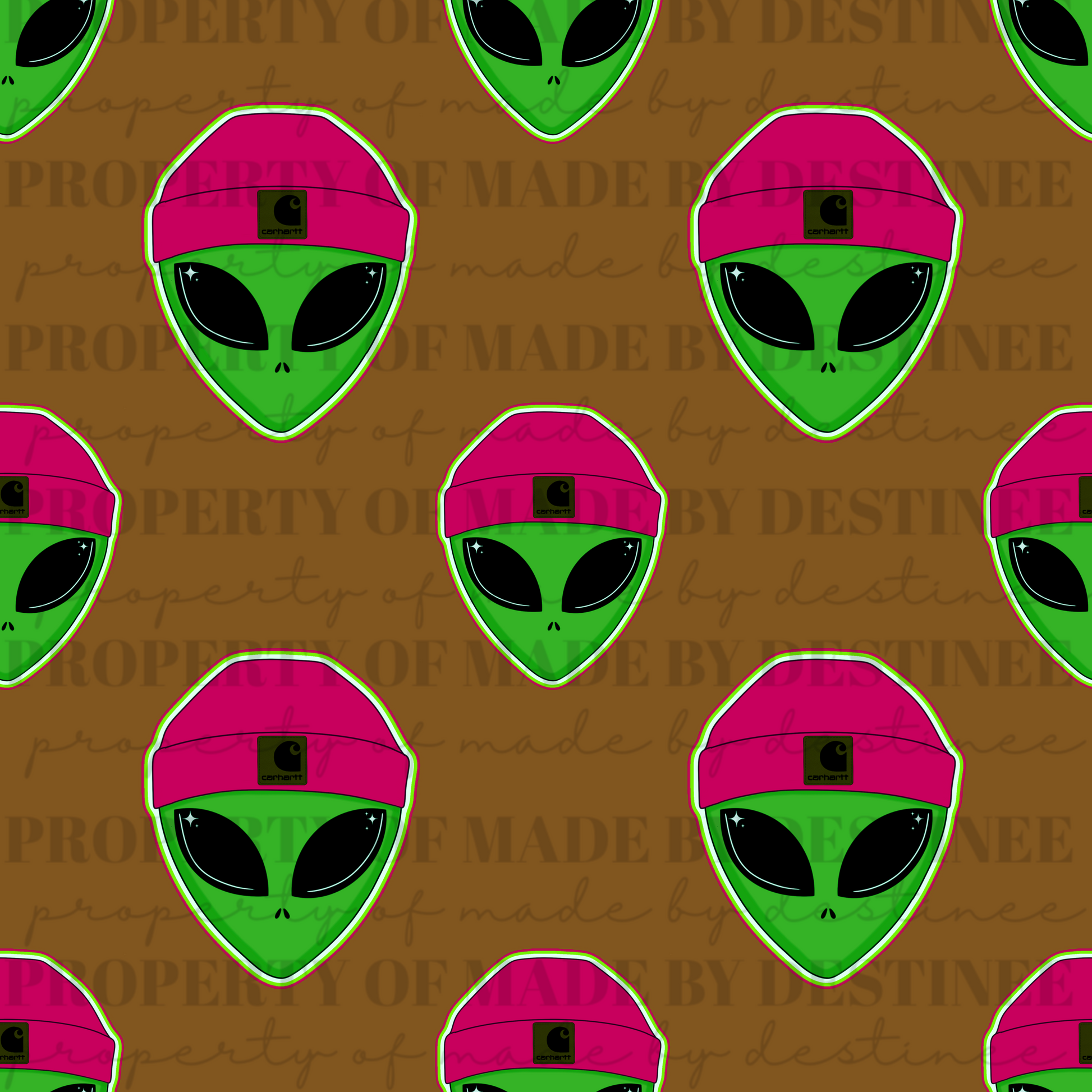Alien Beanie Seamless Digital Design | Neon Green Alien with Hot Pink Beanie on Brown Background PNG