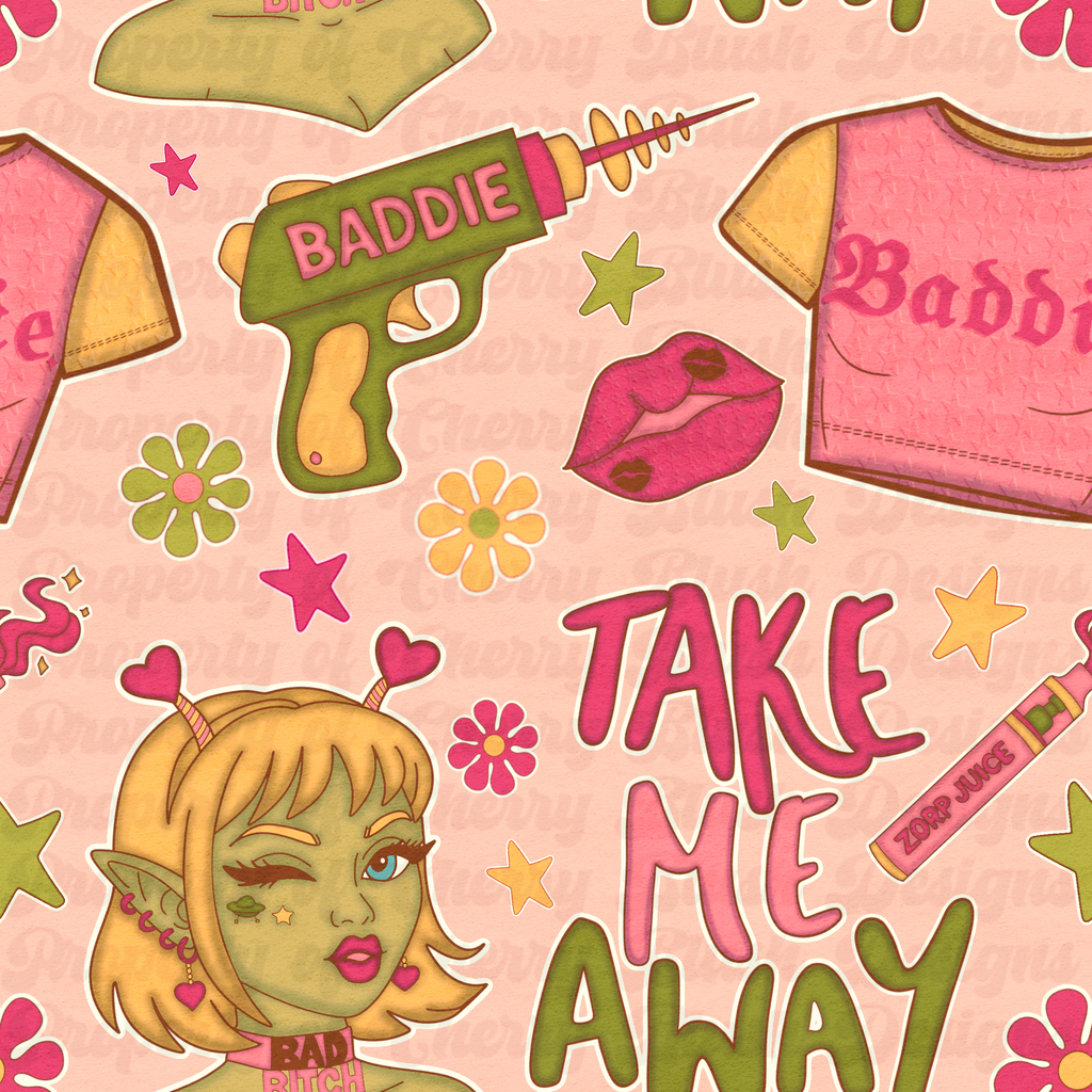 Take Me Away Seamless Pattern 👽💋 | Retro Alien Baddie Print | Y2K Dopamine Graphic (2 Colorways)