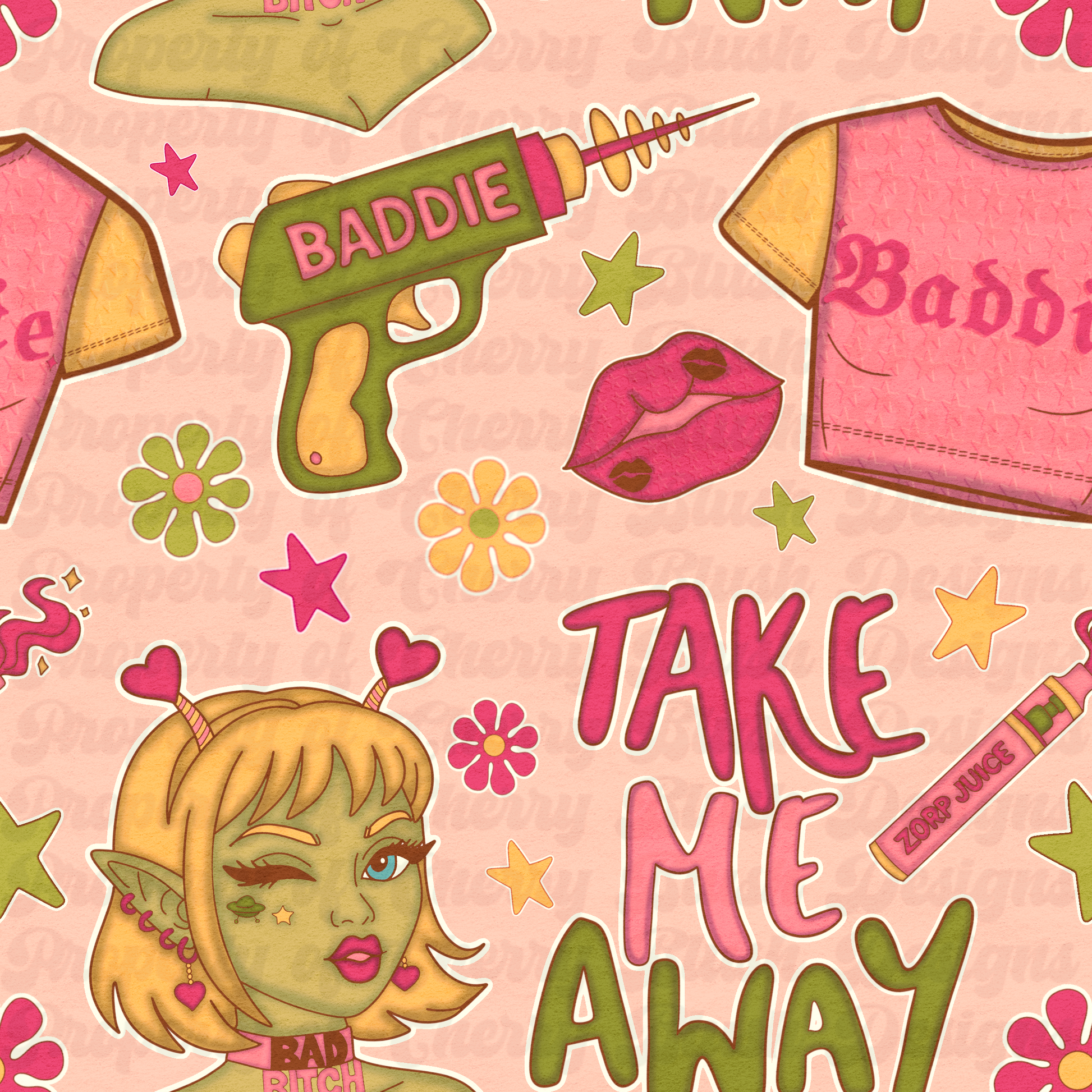 Take Me Away Seamless Pattern 👽💋 | Retro Alien Baddie Print | Y2K Dopamine Graphic (2 Colorways)