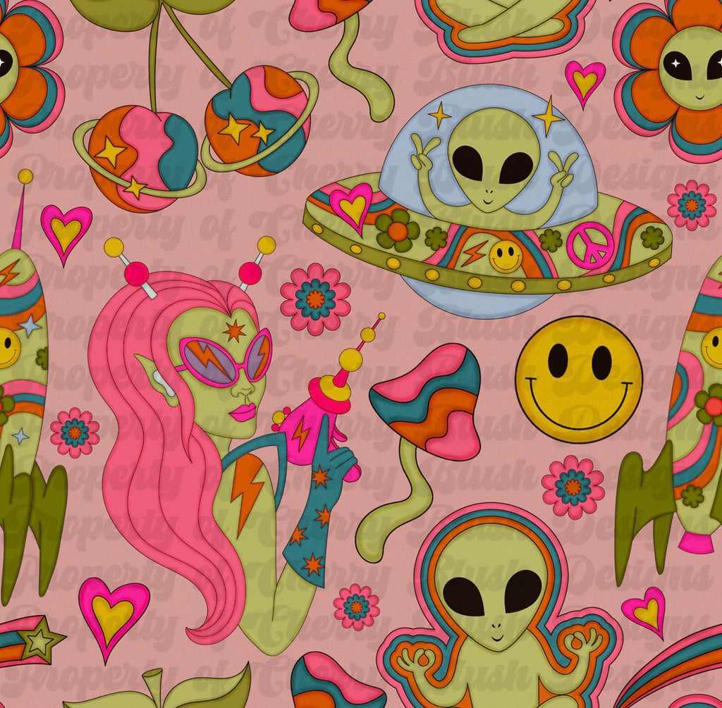 👽🌈 Cosmic Cutie Alien Seamless | Retro Space Girl, UFO, Smiley, Trippy Y2K Pattern