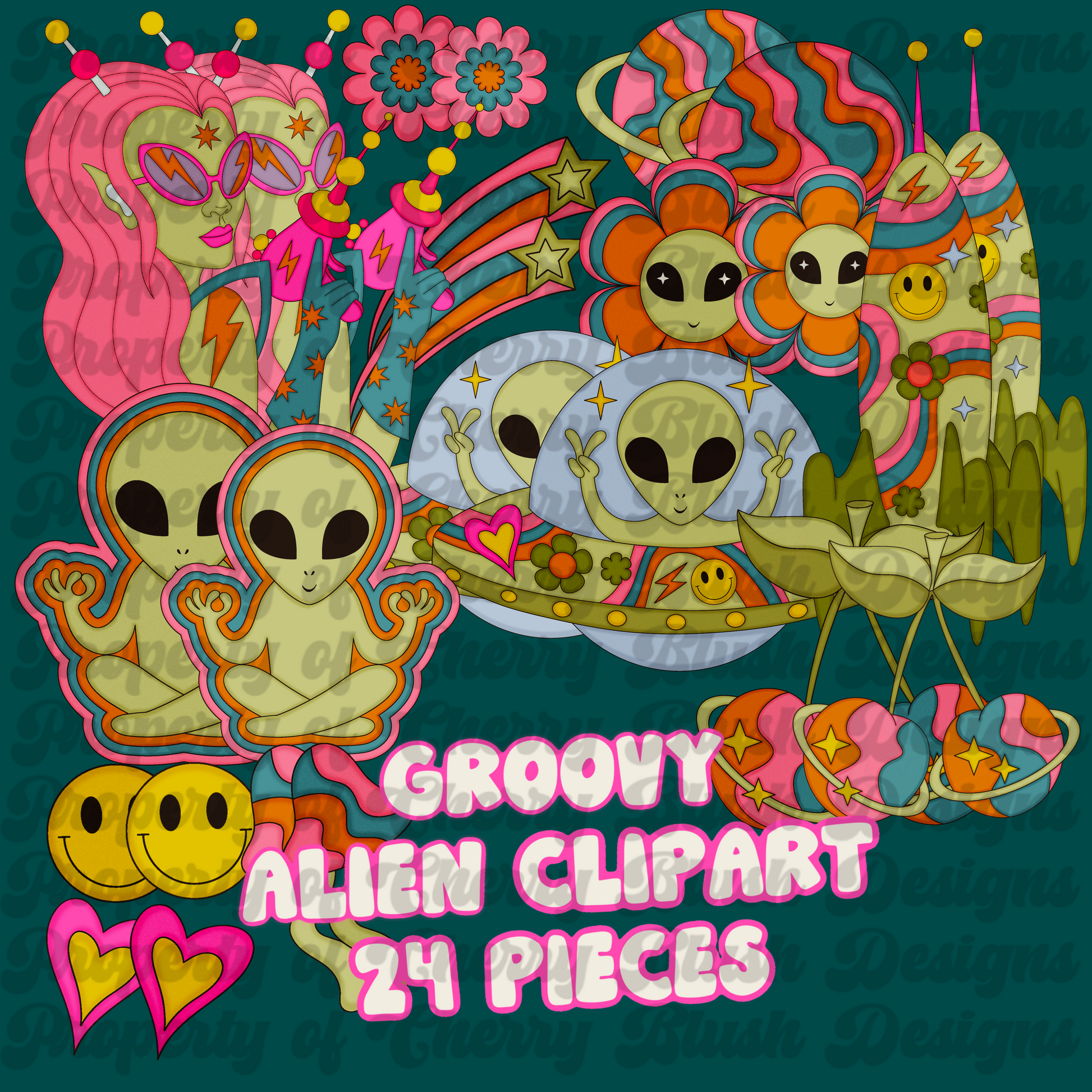 👽🌈 Cosmic Cutie Alien Clipart Pack | Retro Space Girl, UFO, Smiley, Trippy Y2K Graphics (24 Pieces)
