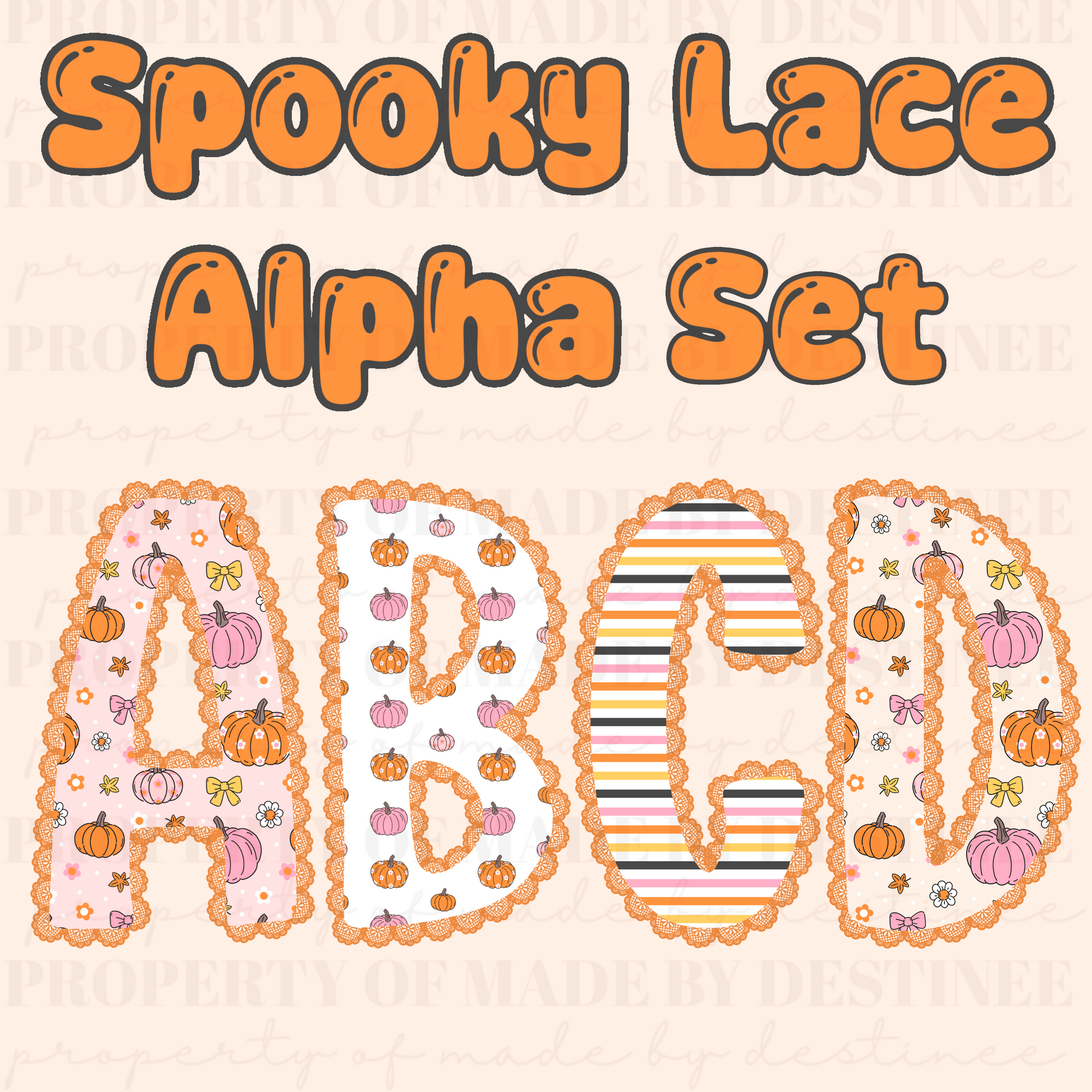 Spooky Lace Halloween Alphabet PNG Set | Cute Pumpkin Lace Letters for Sublimation, Crafts & Digital Designs