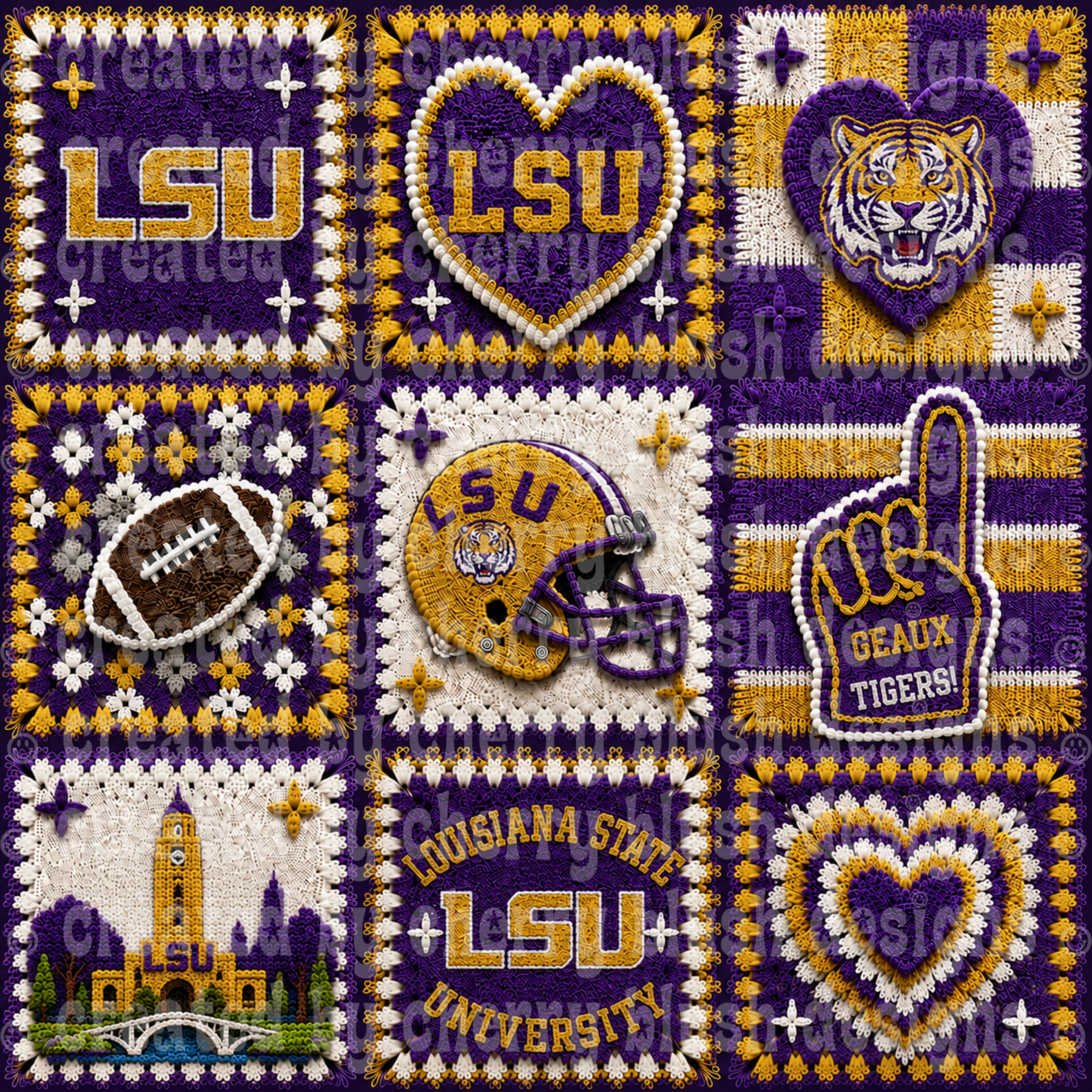 LSU Crochet Football Seamless Pattern | Game Day Seamless File | Football Team Inspired Background
