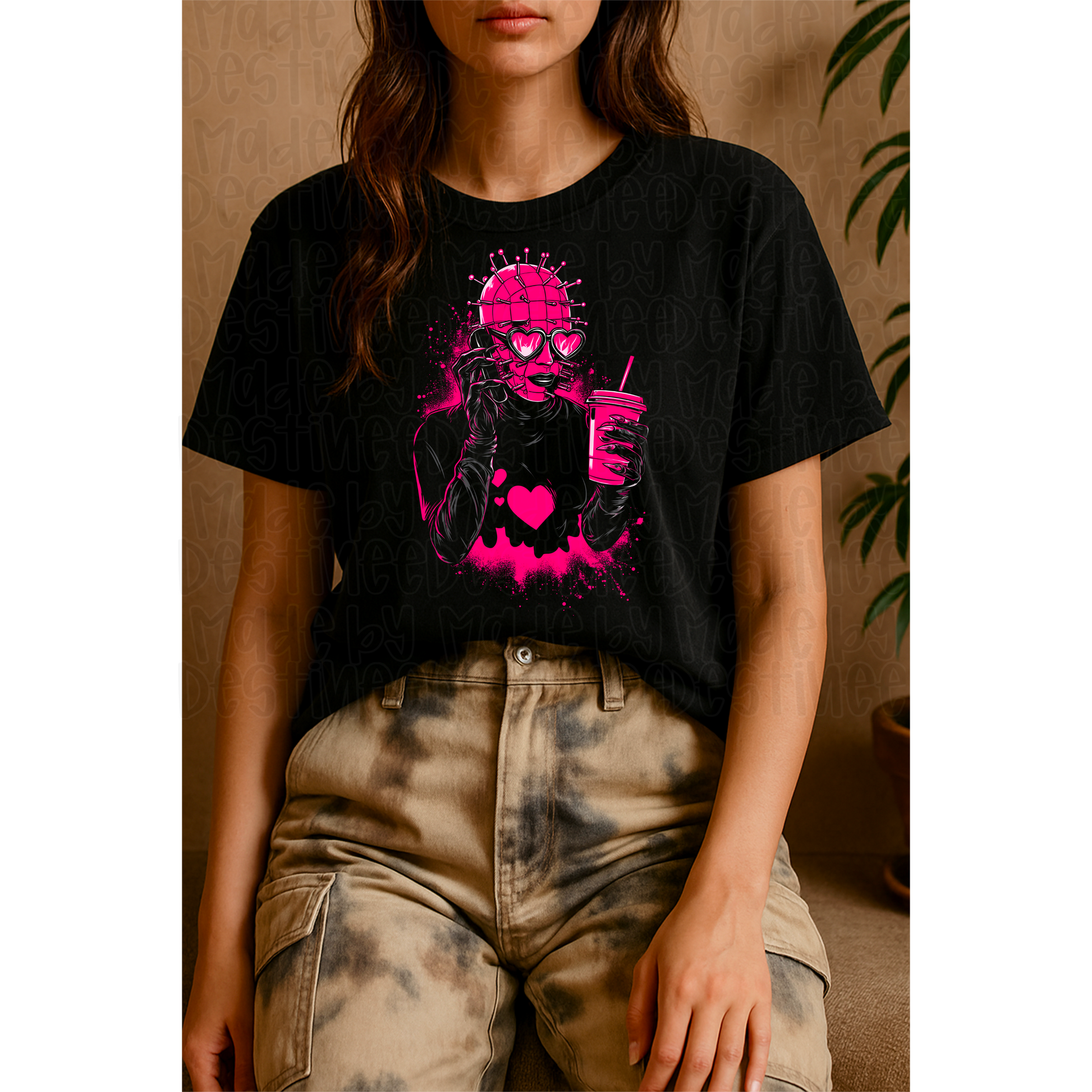 🔩 Pinkhead Baddie – Pinhead Horror Babe PNG for Black Backgrounds