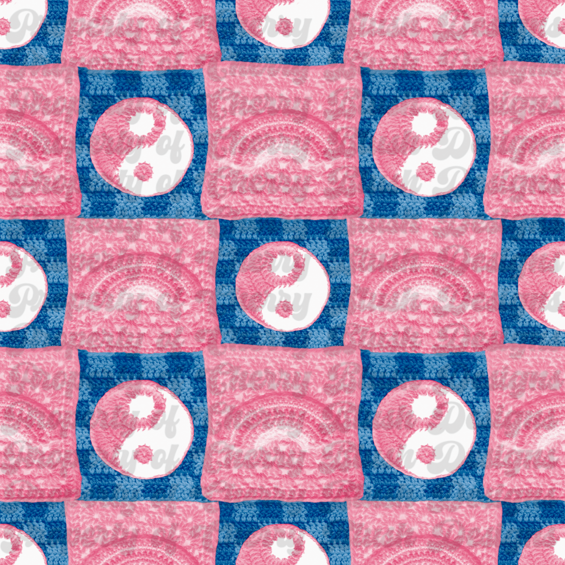 Pink Crochet Patchwork Seamless Pattern PNG | Coquette Granny Square Rainbow Yin Yang Digital Paper