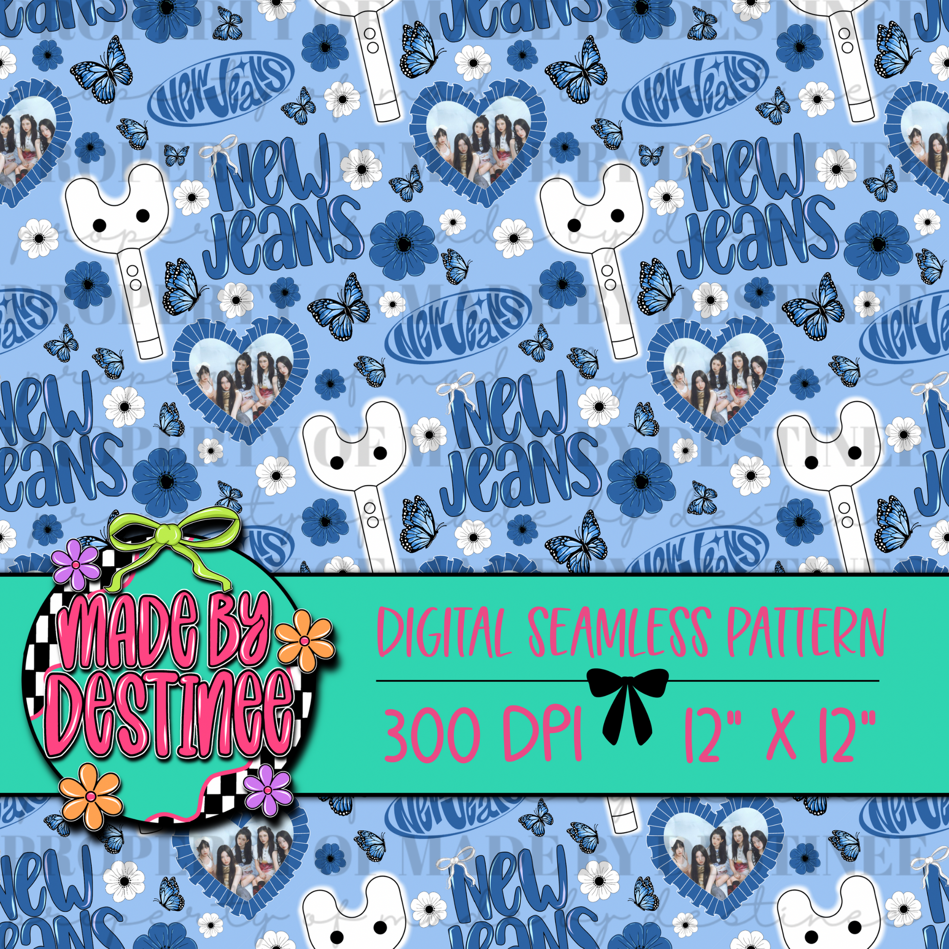 NewJeans K-Pop Seamless Pattern | Blue Floral Butterfly Lightstick | 300 DPI Digital File 12x12