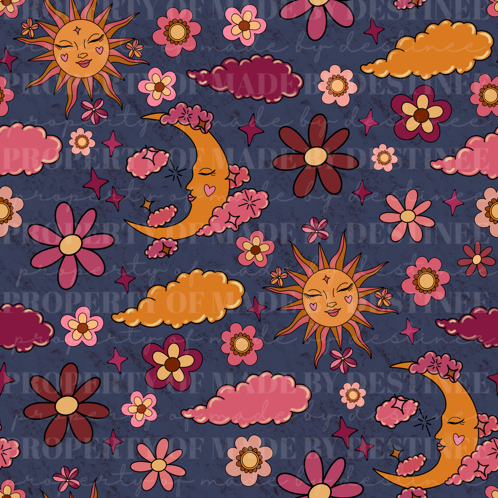 Retro Celestial Sun & Moon Seamless Pattern | Groovy Pink Floral Sky Background