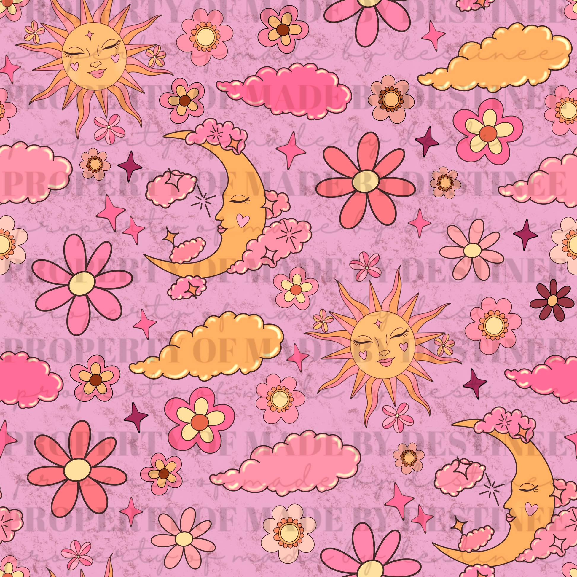 Retro Celestial Sun & Moon Seamless Pattern | Groovy Pink Floral Sky Background