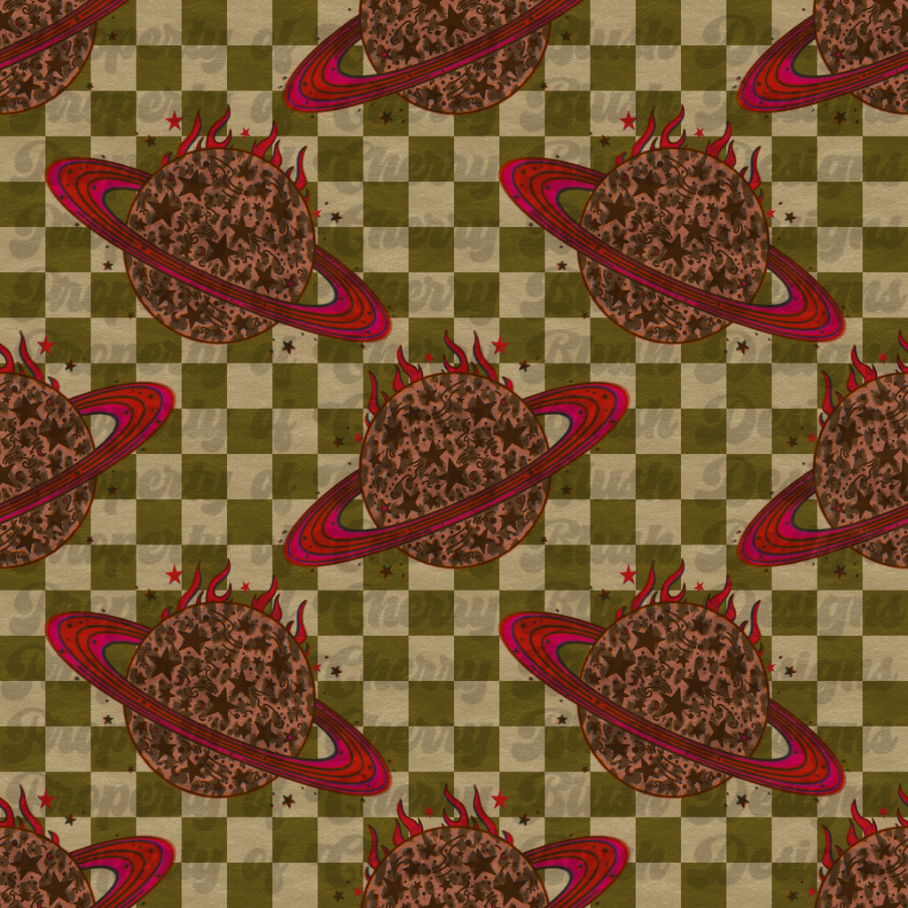Retro Cosmic Flame Seamless Pattern PNG | Vintage Planet Checkerboard Digital Paper | Trendy Space Western Background | 2400x2400 px