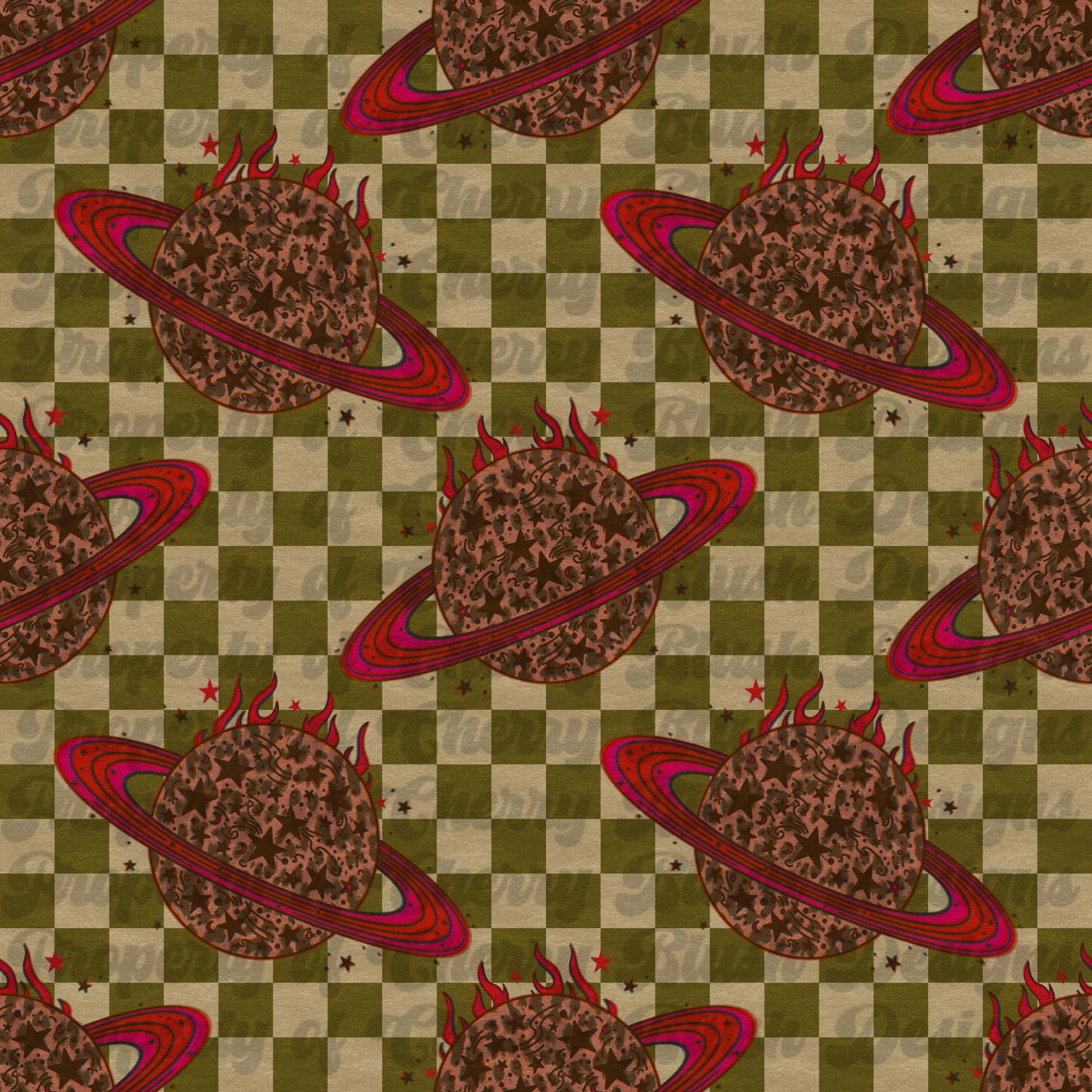 Retro Cosmic Flame Seamless Pattern PNG | Vintage Planet Checkerboard Digital Paper | Trendy Space Western Background | 2400x2400 px