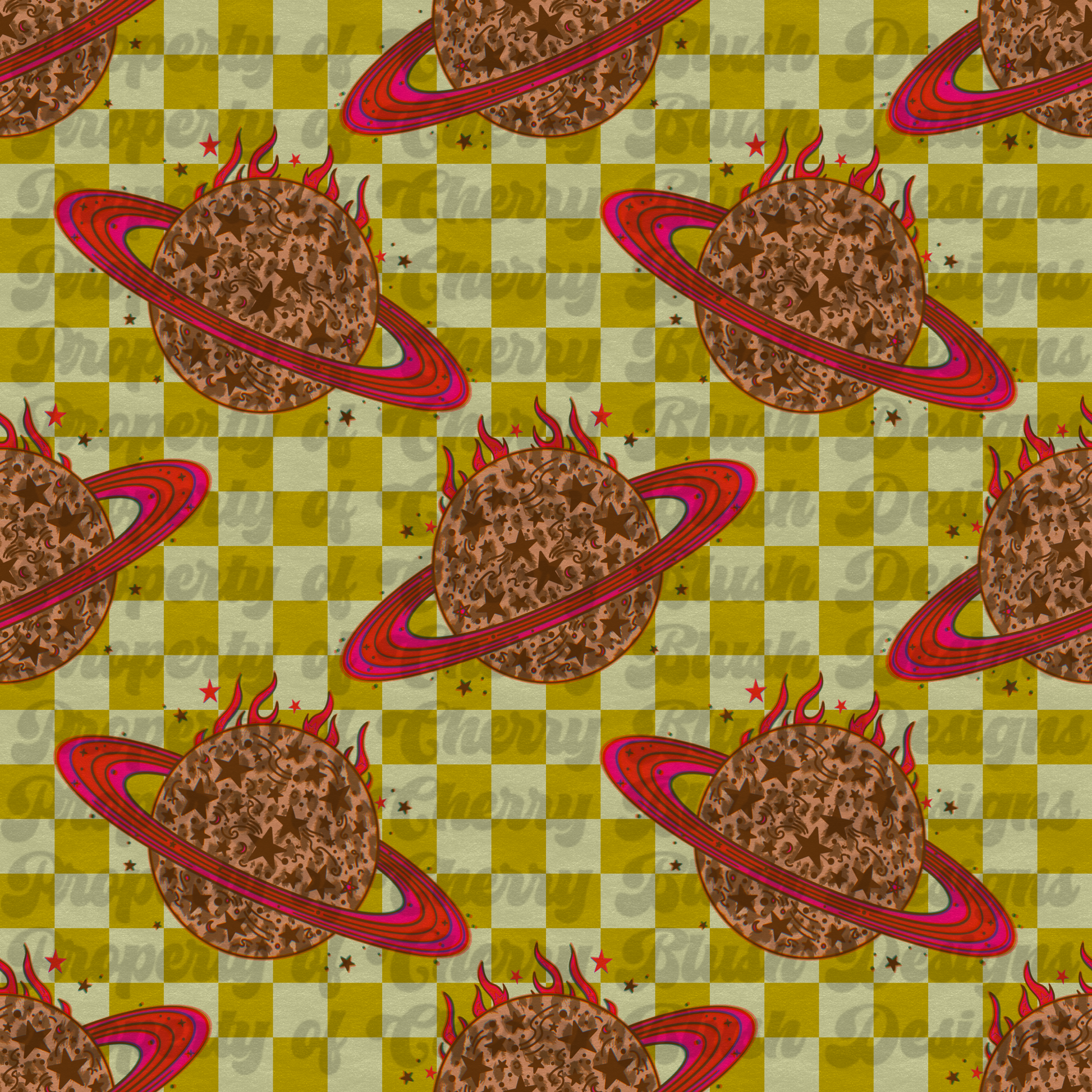 Retro Cosmic Flame Seamless Pattern PNG | Vintage Planet Checkerboard Digital Paper | Trendy Space Western Background | 2400x2400 px