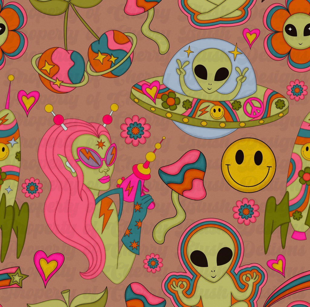 👽🌈 Cosmic Cutie Alien Seamless | Retro Space Girl, UFO, Smiley, Trippy Y2K Pattern