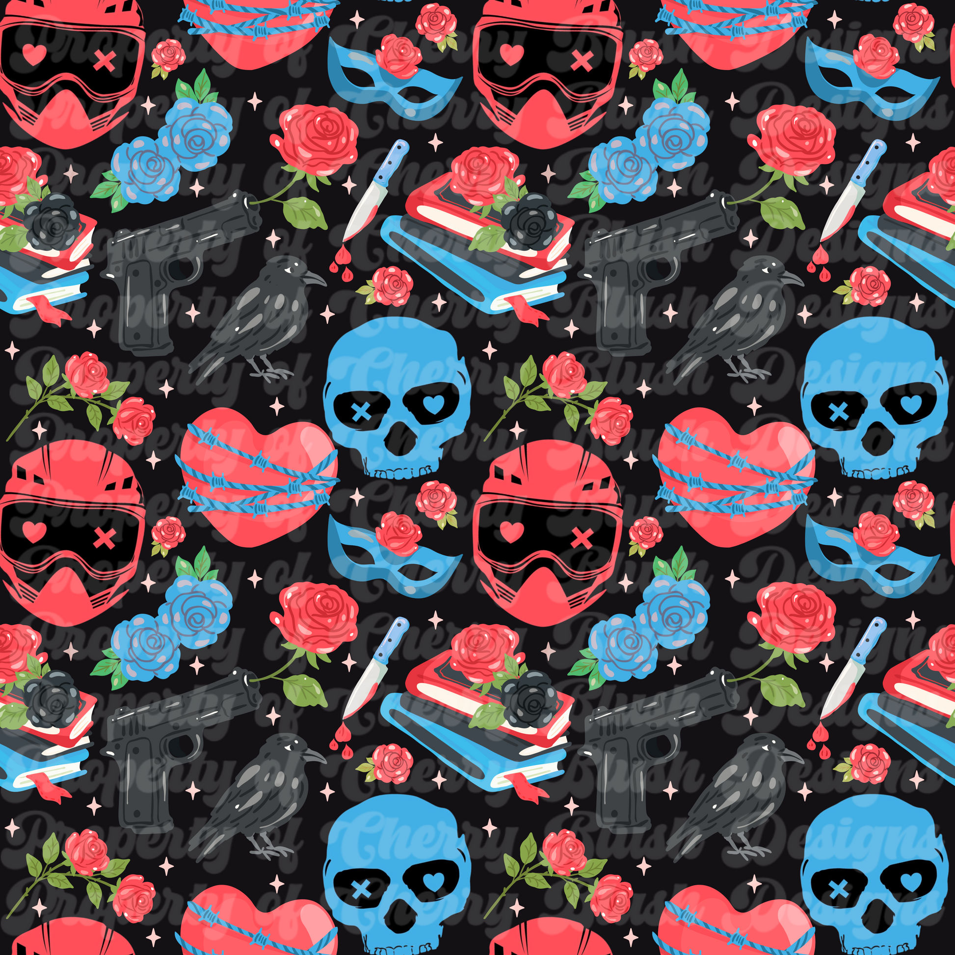 Dark Romance Killer Hearts Seamless Pattern | Helmets, Skulls, Roses & Weapons