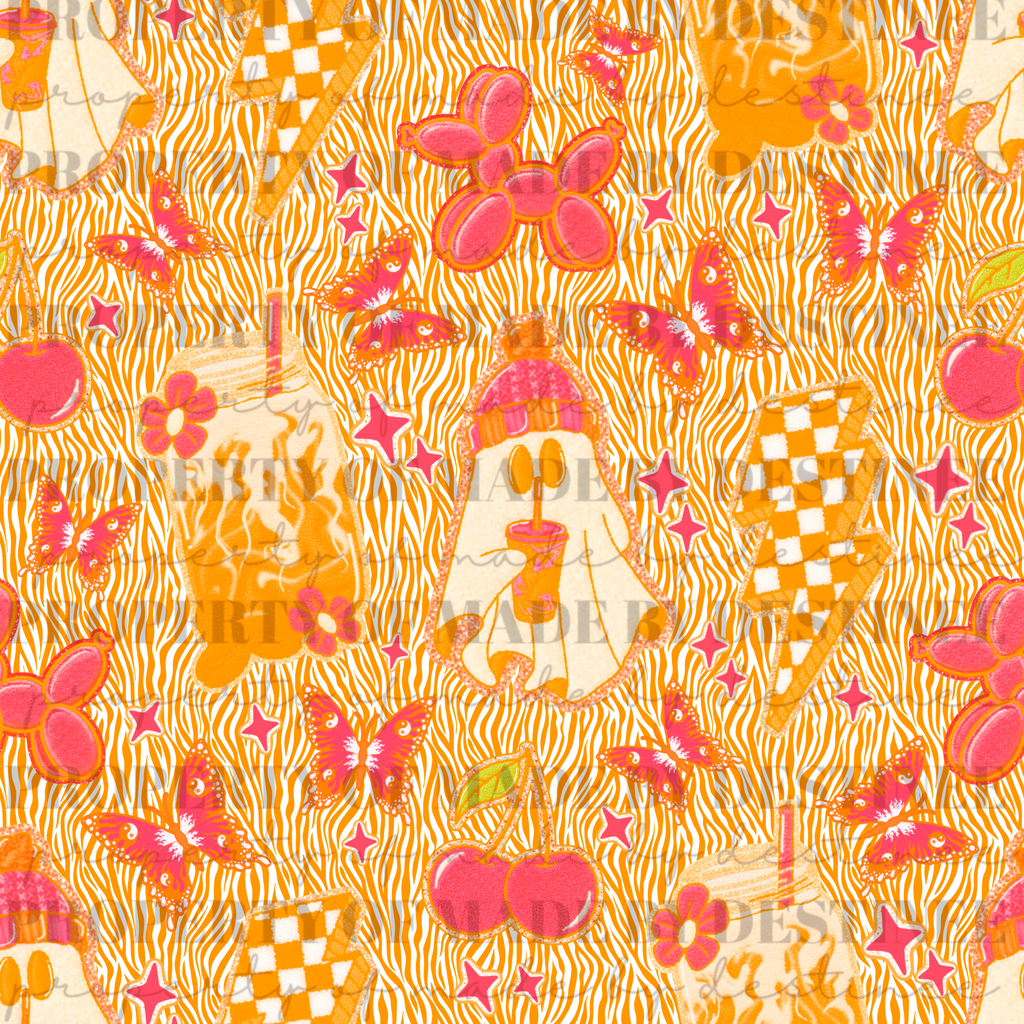 Zebra Print Pink Ghost & Retro Y2K Seamless Pattern | Spooky Cute PNG Background | Cherries, Butterflies & Checker Lightning