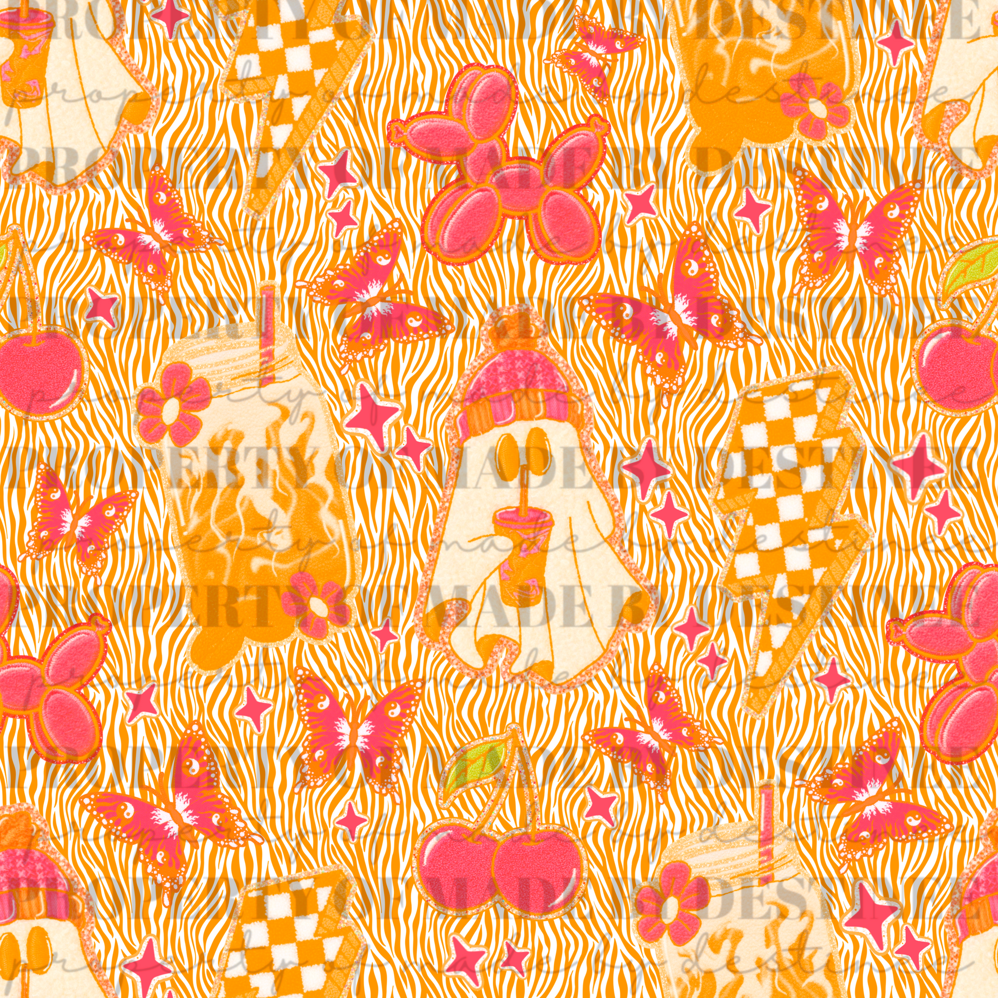 Zebra Print Pink Ghost & Retro Y2K Seamless Pattern | Spooky Cute PNG Background | Cherries, Butterflies & Checker Lightning