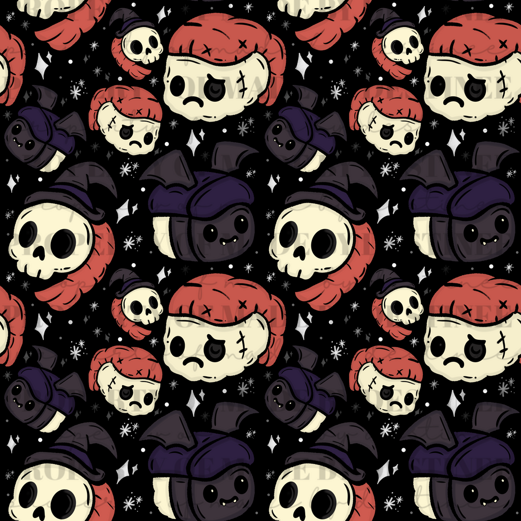 Spooky Sushi & Skull Seamless Pattern | Halloween Digital Design