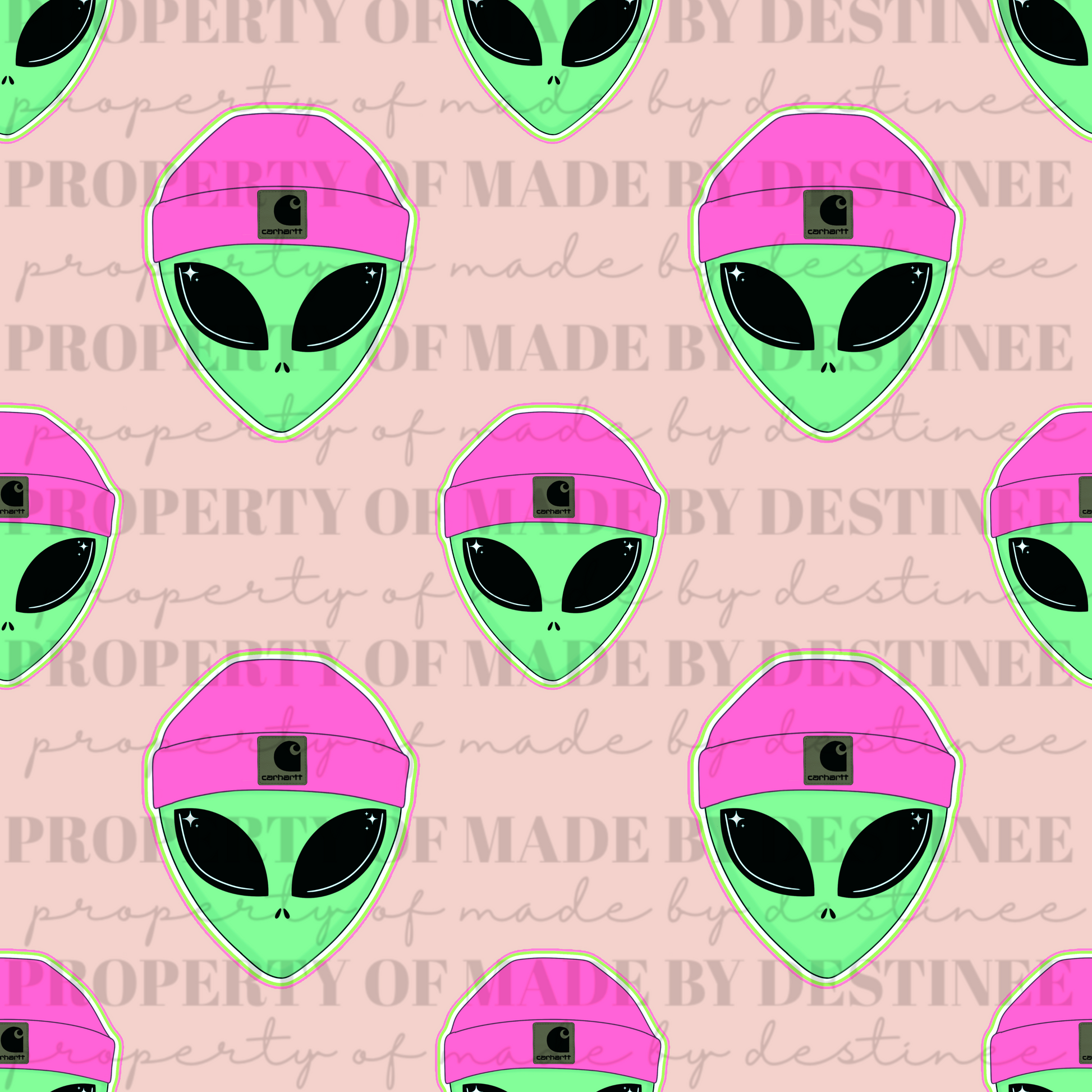 Alien Beanie Seamless Digital Design | Pastel Green Alien with Pink Carhartt Beanie PNG
