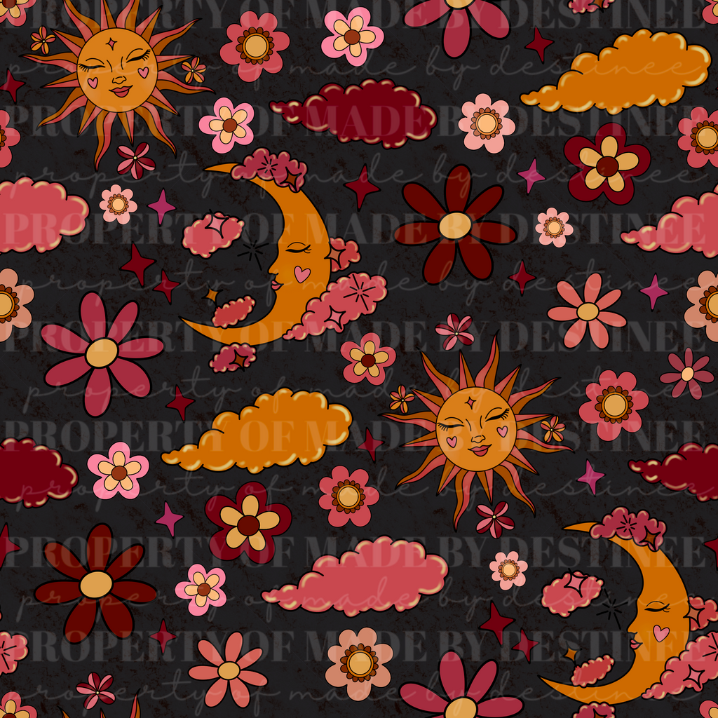 Retro Celestial Sun & Moon Seamless Pattern | Groovy Pink Floral Sky Background