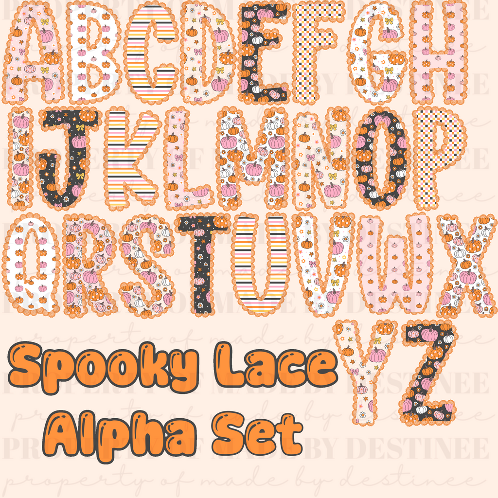 Spooky Lace Halloween Alphabet PNG Set | Cute Pumpkin Lace Letters for Sublimation, Crafts & Digital Designs