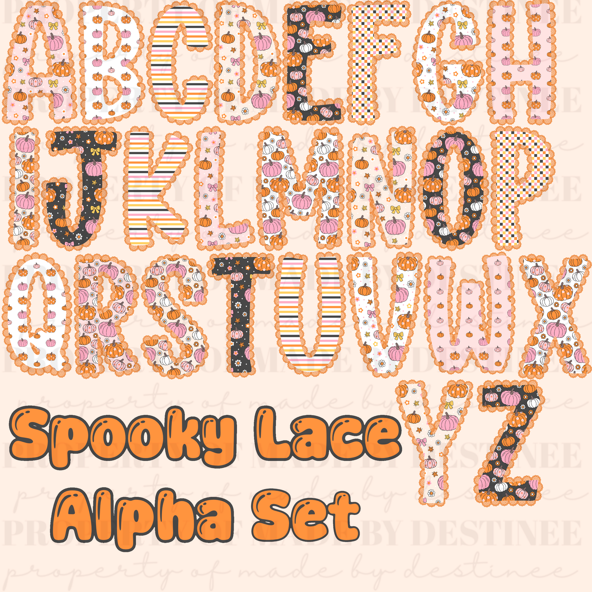 Spooky Lace Halloween Alphabet PNG Set | Cute Pumpkin Lace Letters for Sublimation, Crafts & Digital Designs