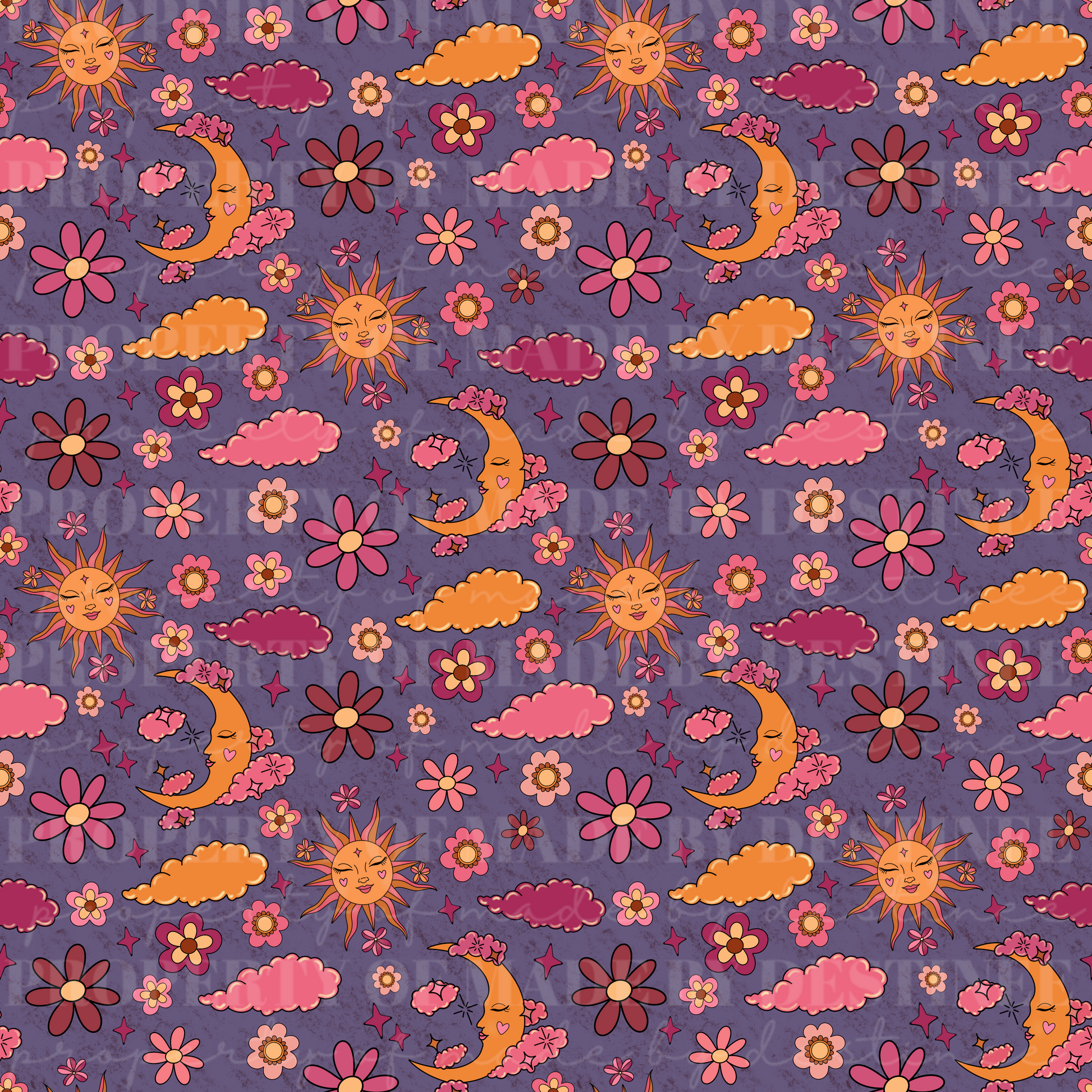 Retro Celestial Sun & Moon Seamless Pattern | Groovy Pink Floral Sky Background