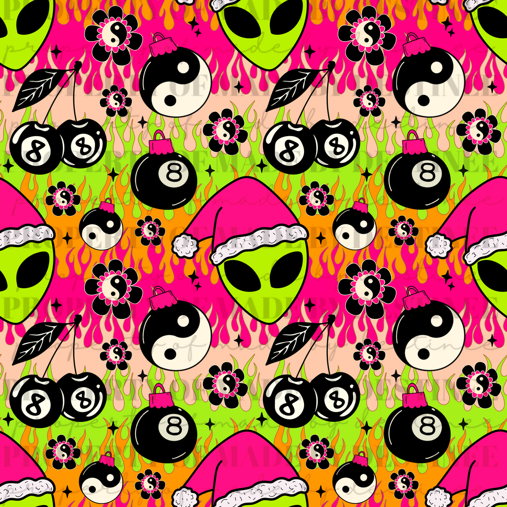 Neon Alien Christmas Seamless Pattern | Hot Pink Flames, Yin Yang, 8 Ball Ornaments & Cherries | Trippy Holiday Seamless Print