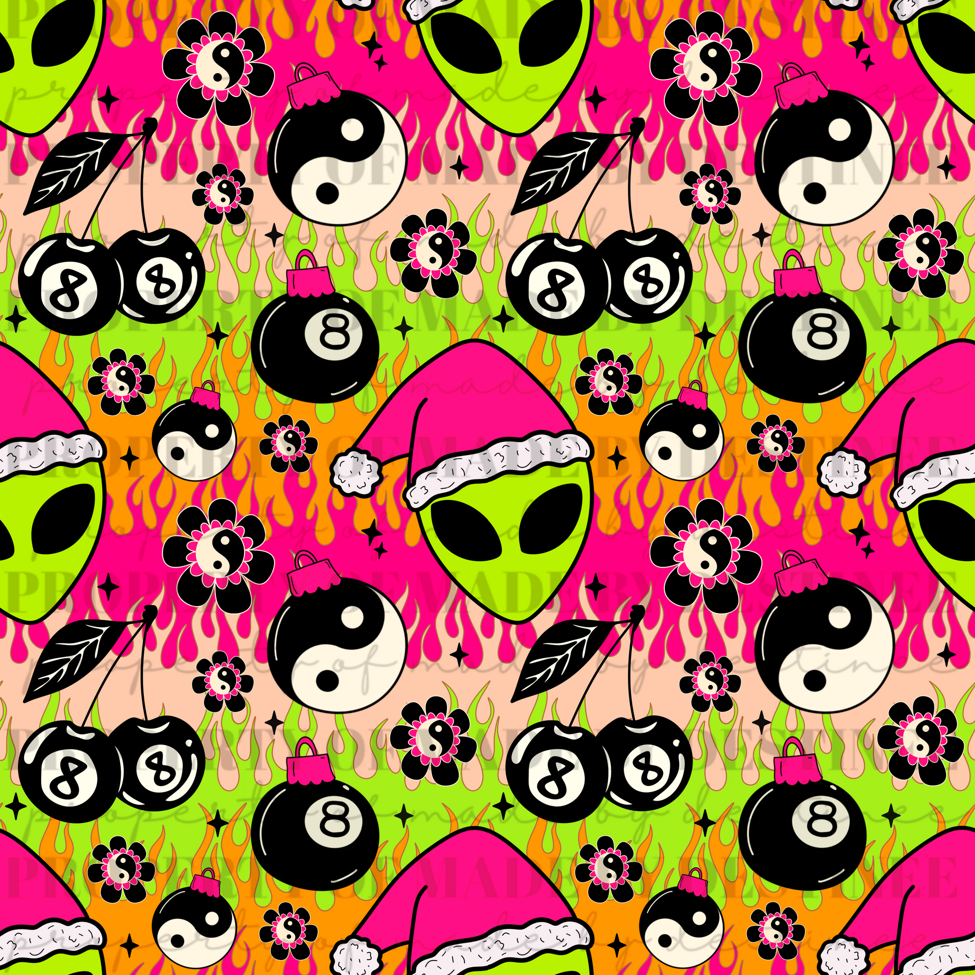 Neon Alien Christmas Seamless Pattern | Hot Pink Flames, Yin Yang, 8 Ball Ornaments & Cherries | Trippy Holiday Seamless Print