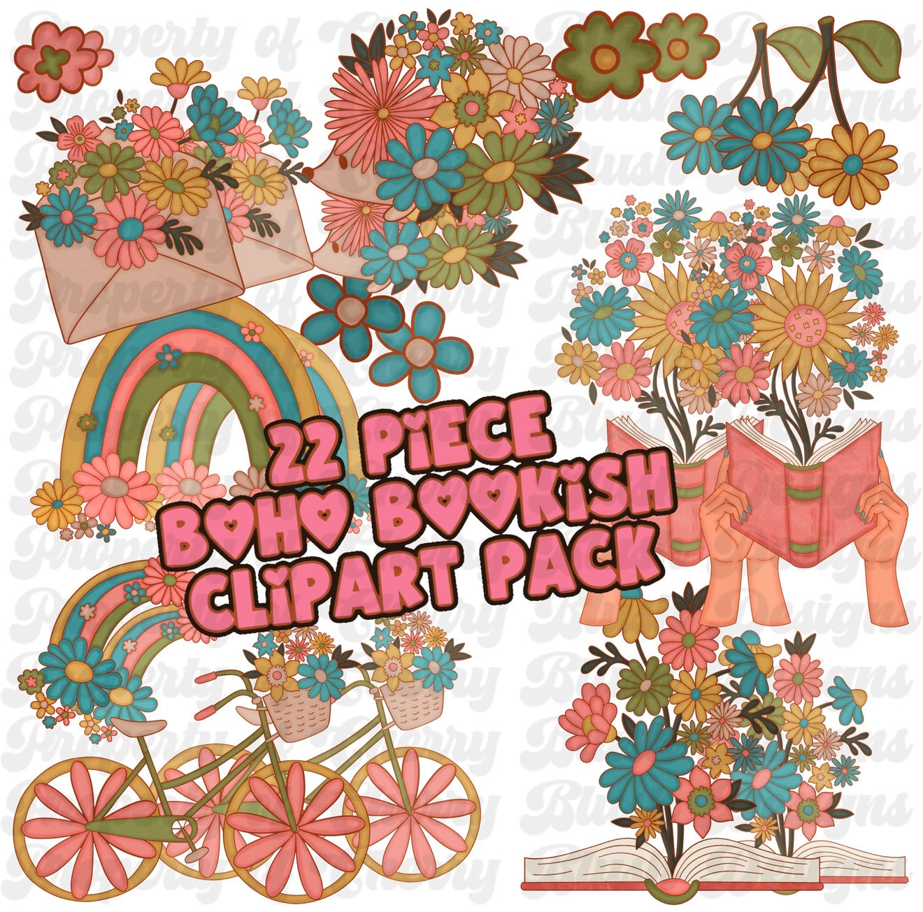 retro bloom 22 piece bookish clipart pack