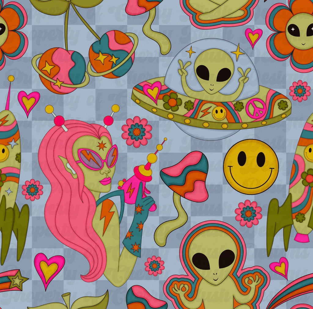 👽🌈 Cosmic Cutie Alien Seamless | Retro Space Girl, UFO, Smiley, Trippy Y2K Pattern
