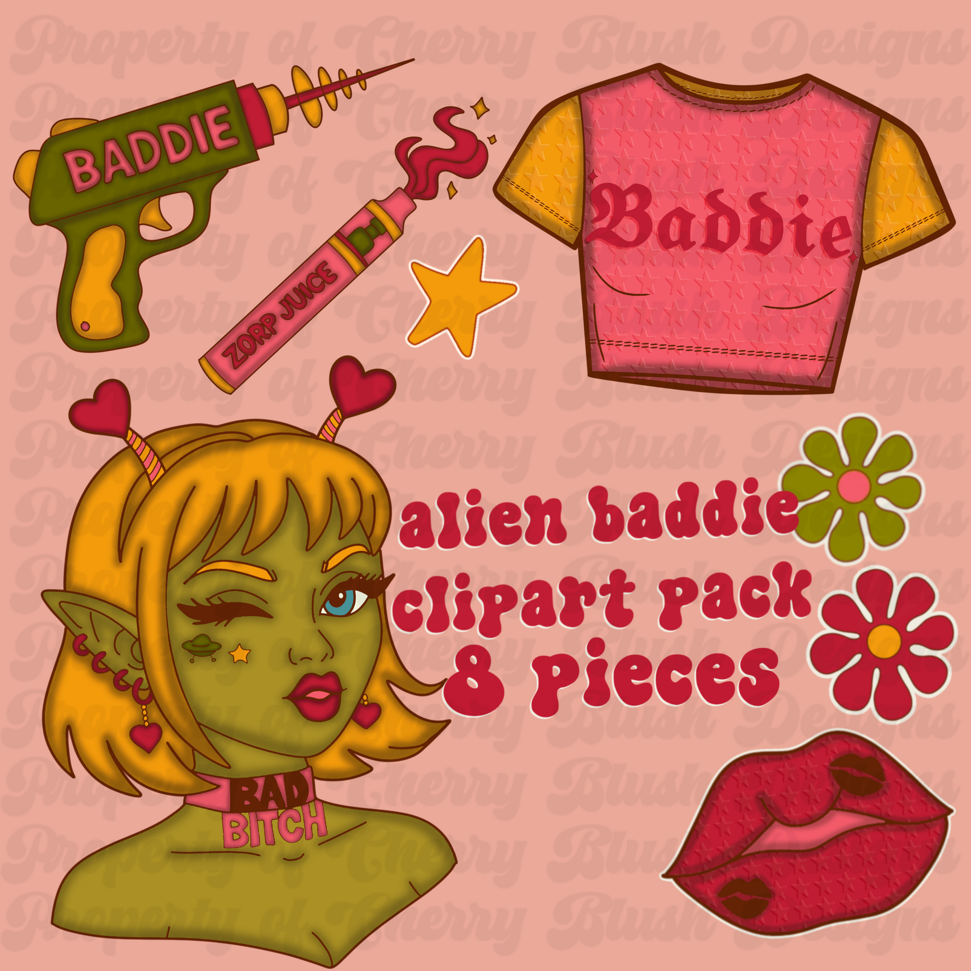 Alien Baddie Clipart Pack 👽💋 | Retro Space Girl PNGs | Y2K Dopamine Graphics (8 Pieces)