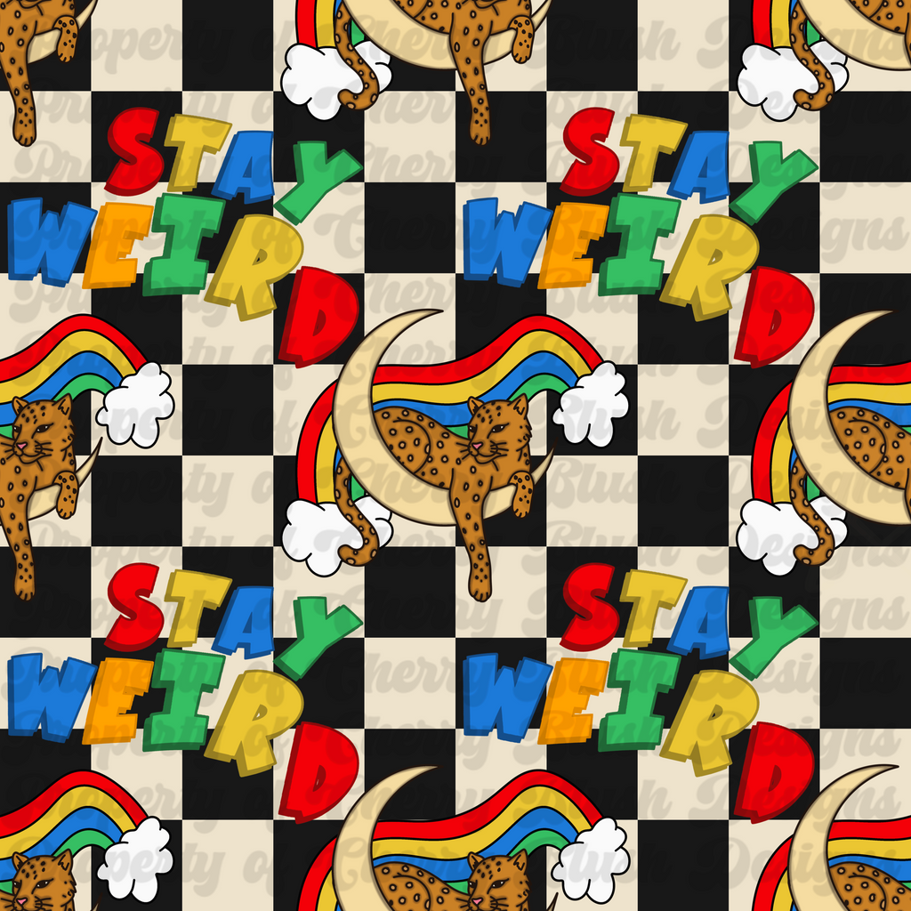 🌈 Stay Weird Retro Leopard Seamless Pattern | Groovy Rainbow Cheetah Digital Paper | Trendy Checkerboard & Cloud Background