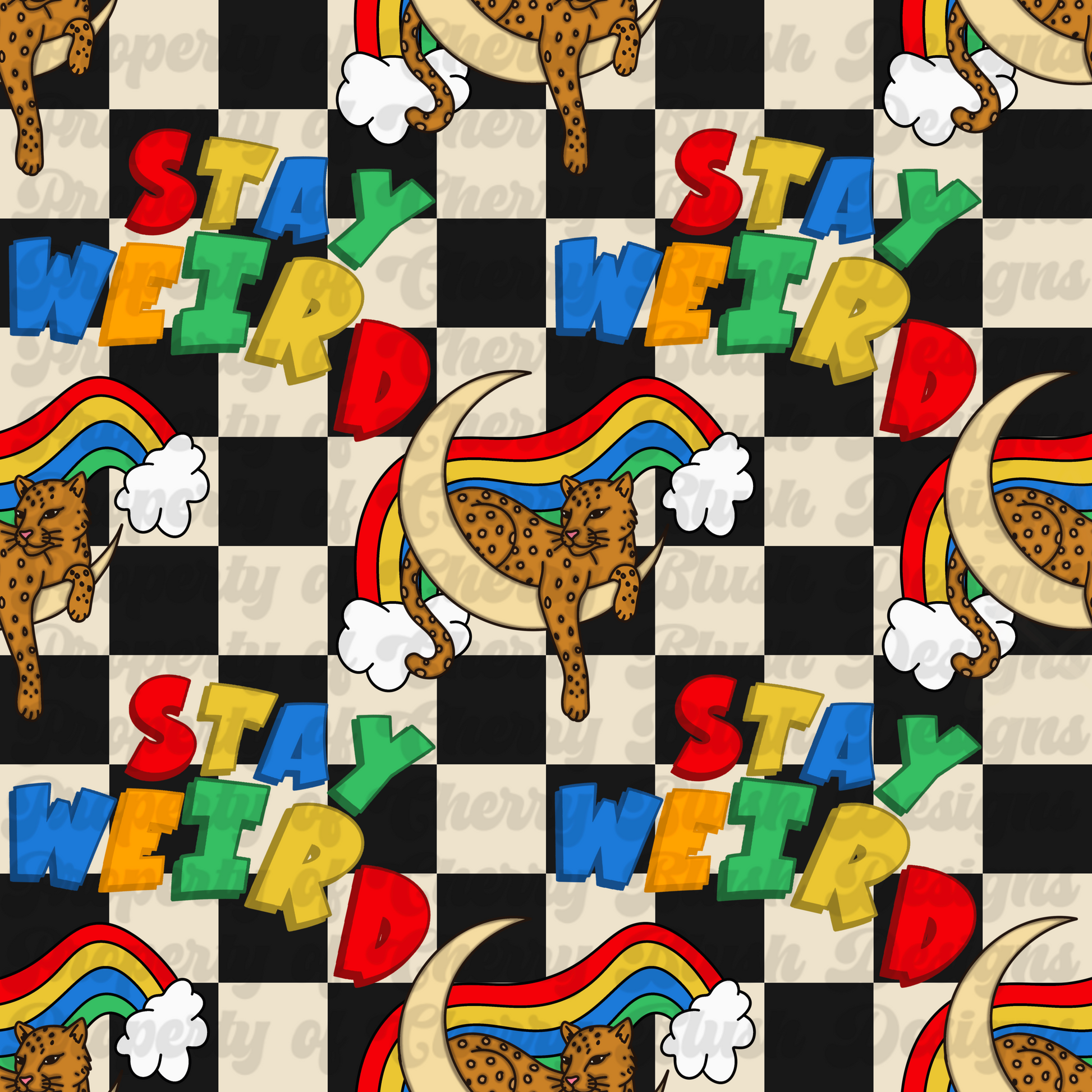 🌈 Stay Weird Retro Leopard Seamless Pattern | Groovy Rainbow Cheetah Digital Paper | Trendy Checkerboard & Cloud Background