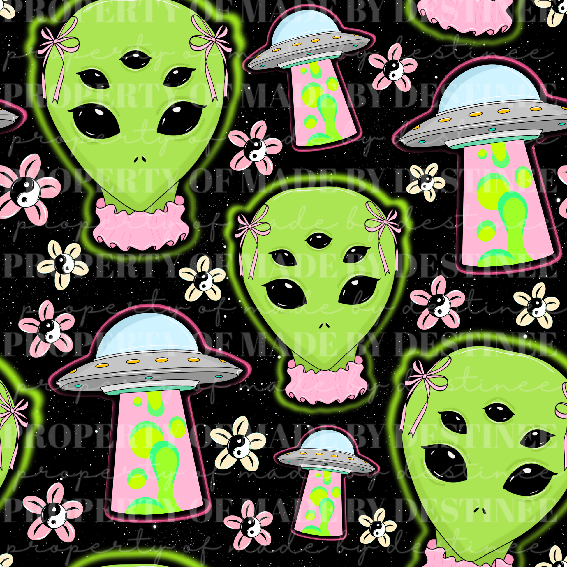 Coquette Alien Seamless Digital Design | Pastel Green Alien with Bows, UFOs, and Yin-Yang Flowers PNG