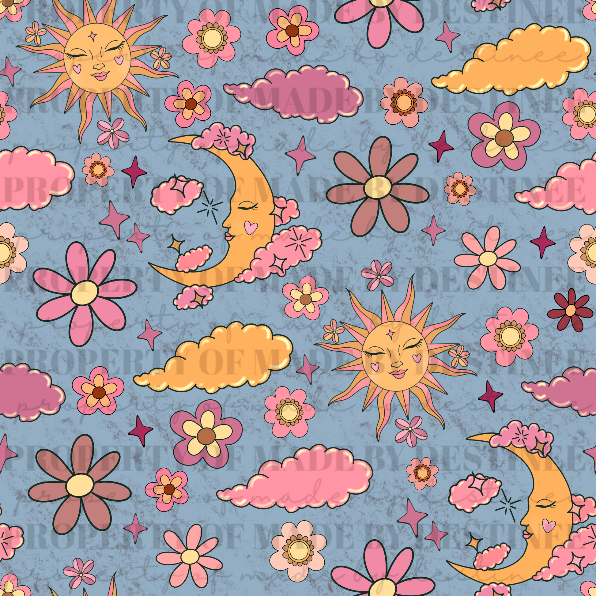 Retro Celestial Sun & Moon Seamless Pattern | Groovy Pink Floral Sky Background