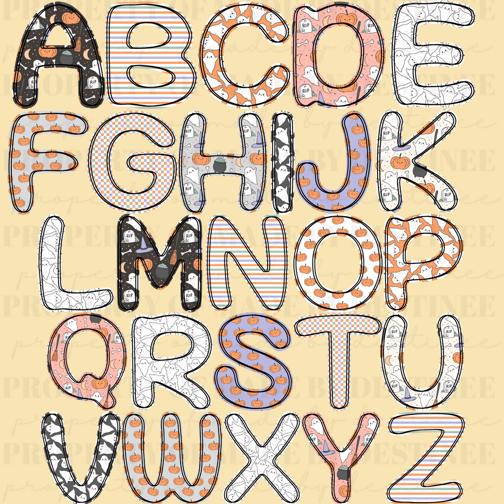 Spooky Halloween Outline Alphabet | Ghost, Pumpkin & Bat Letters | Digital A–Z Alpha Set