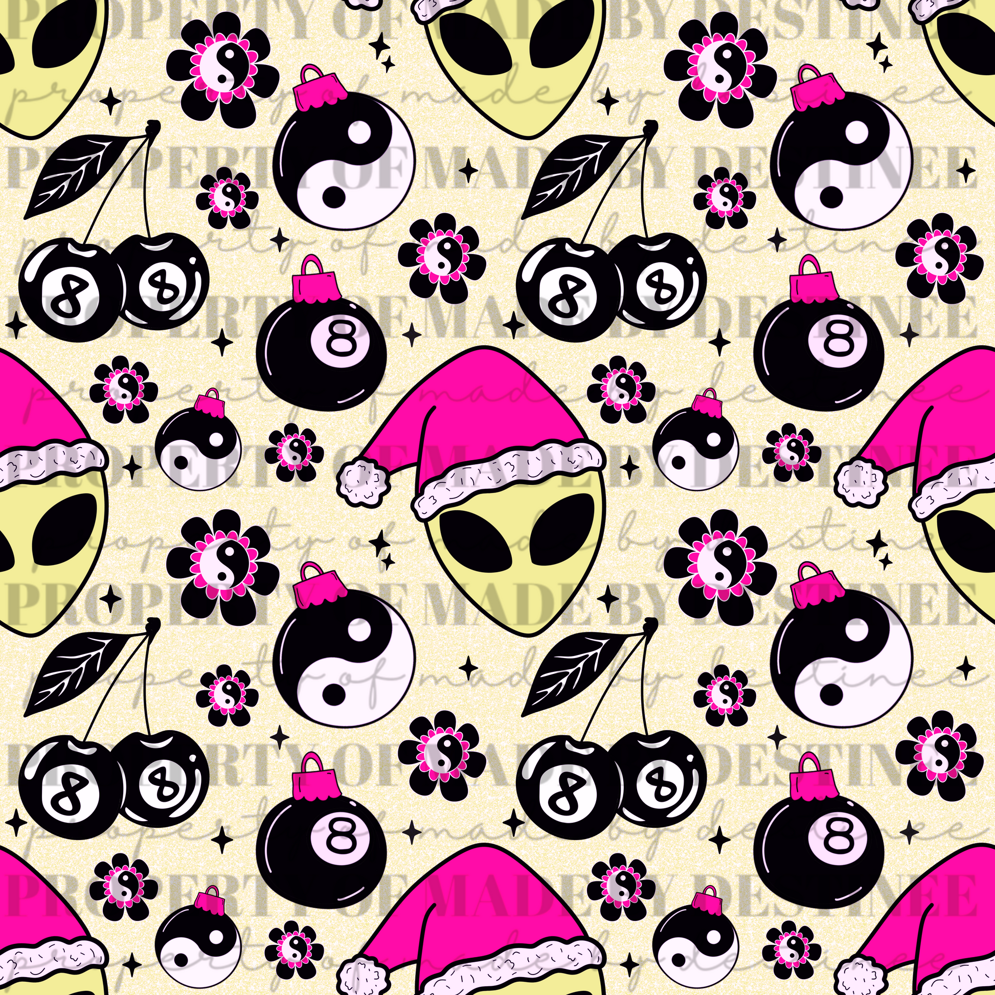 Neon Alien Christmas Seamless Pattern | Hot Pink Flames, Yin Yang, 8 Ball Ornaments & Cherries | Trippy Holiday Seamless Print