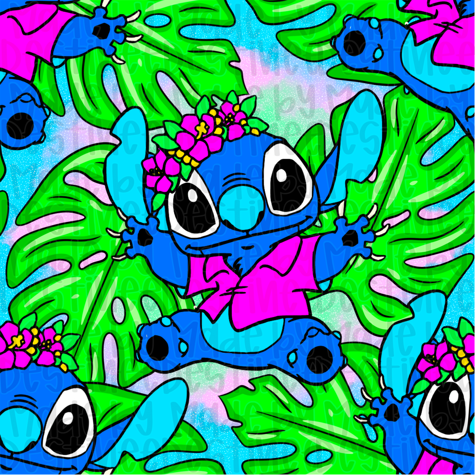 Tropical Stitch Seamless Digital Pattern – Hawaiian Leaves & Floral Crown Design